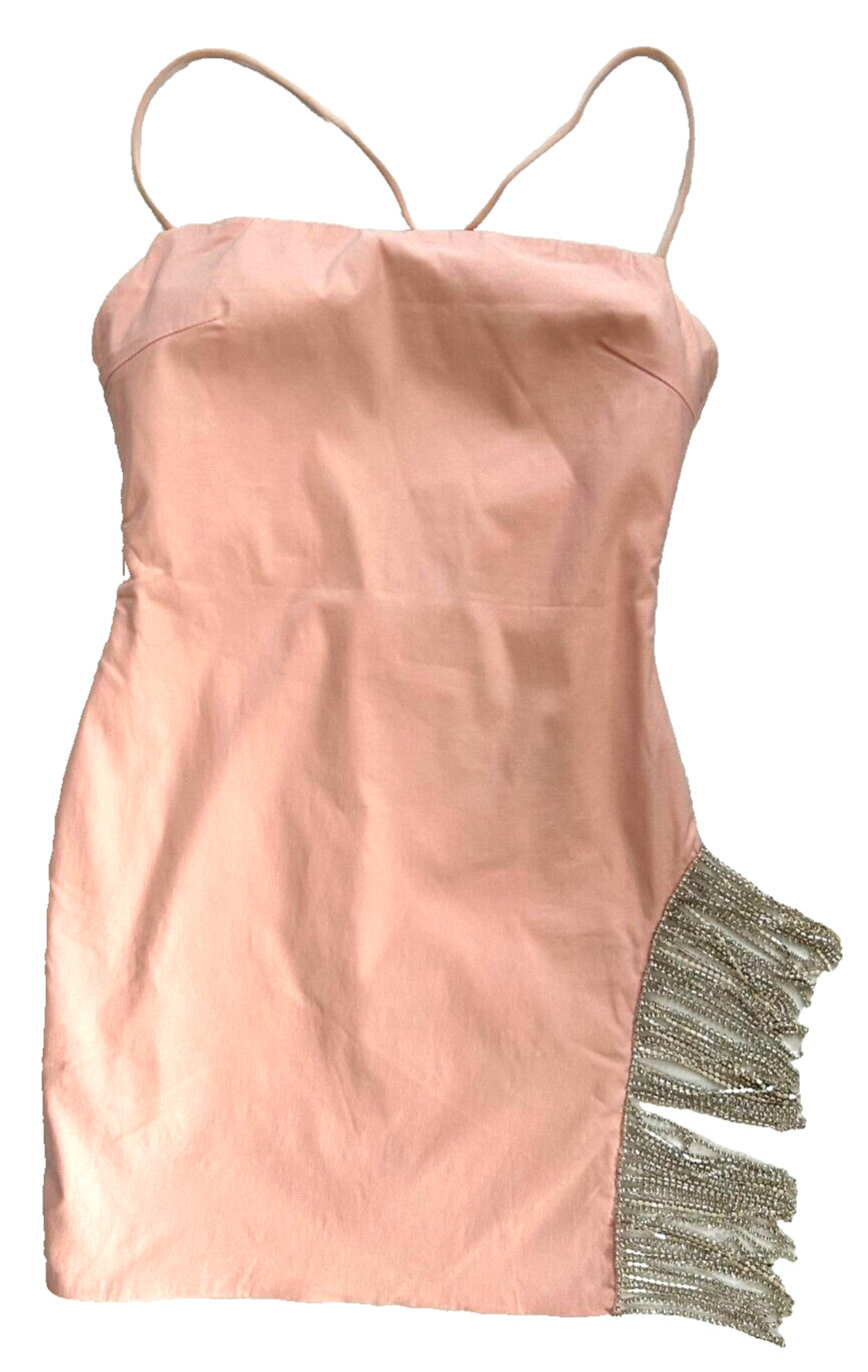 Y2K Club Princess Mini Dress Medium Rhinestone Fringe Open Back Pink Stretch NWT