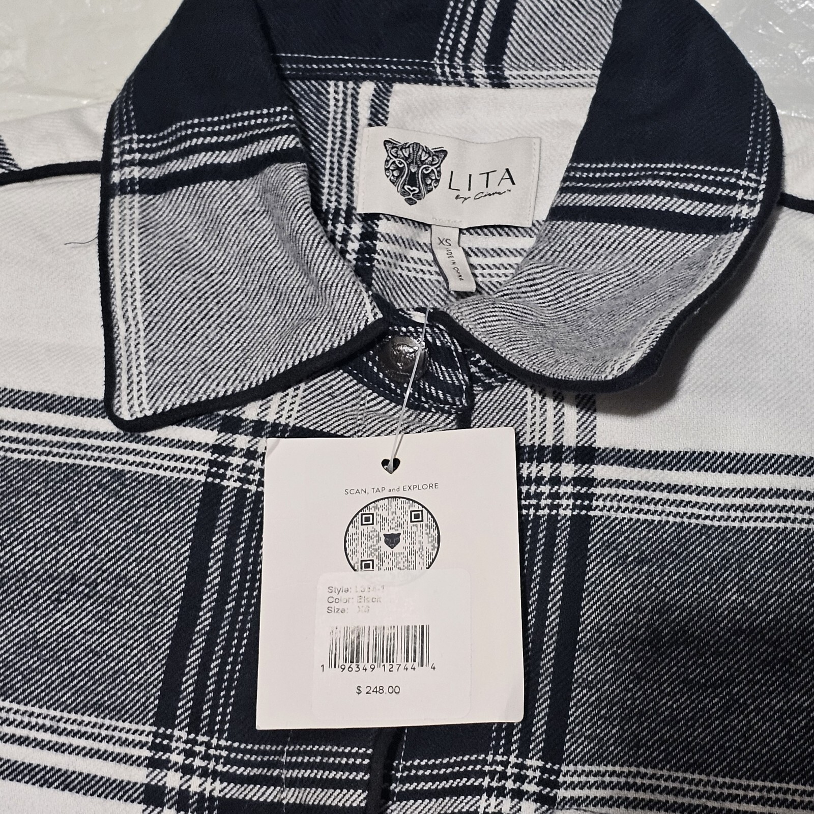 Lita by Ciara Revolve 100% Cotton Snap Button Down Plaid Black White $248 Sz XS