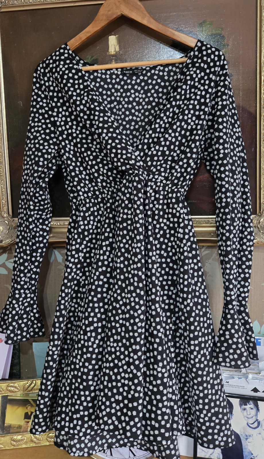 Black Fit and Flare Dress With Floral Pattern Size M