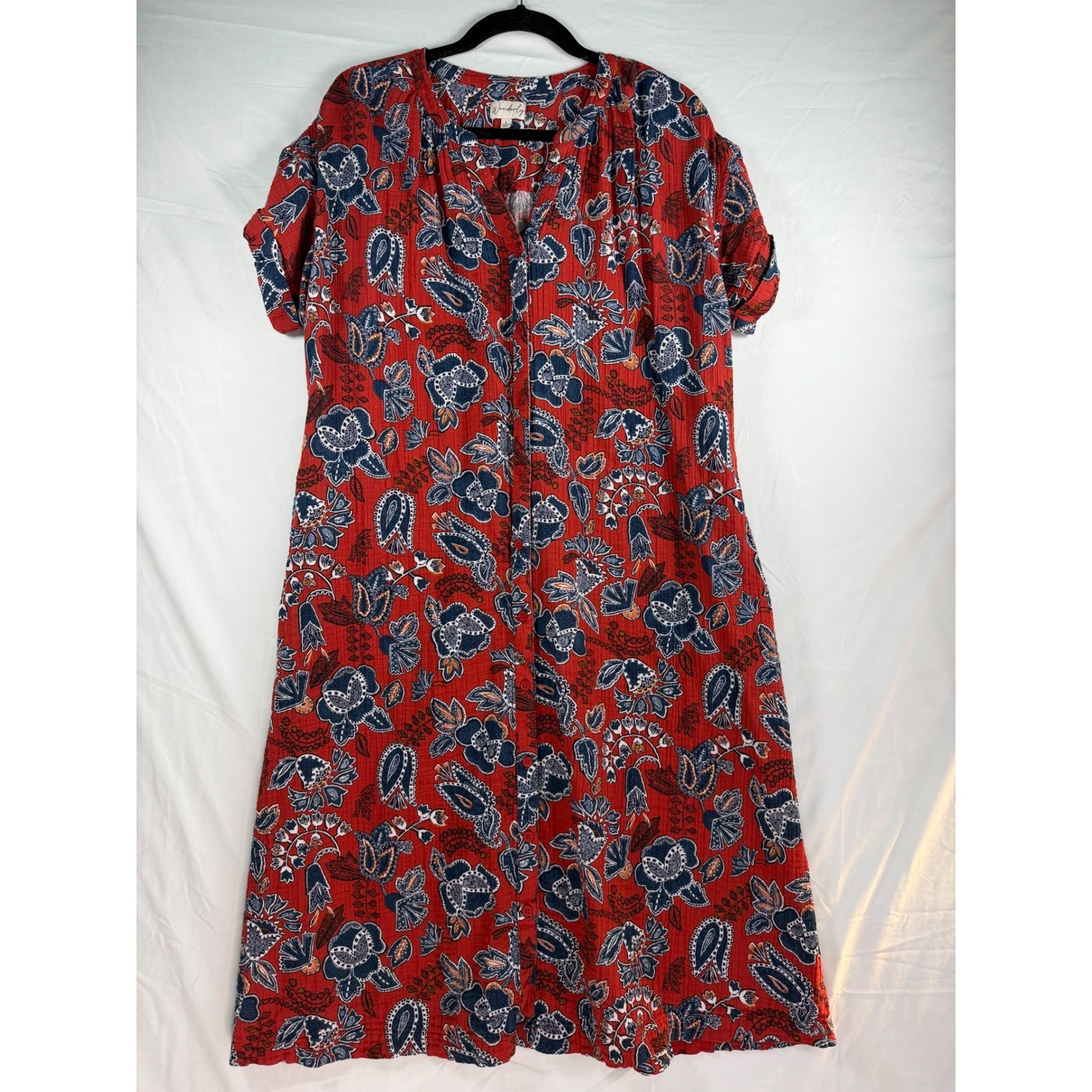 Wonderly Womens Rust Floral Paisley Gauze Button Front Midi Dress Pockets Large