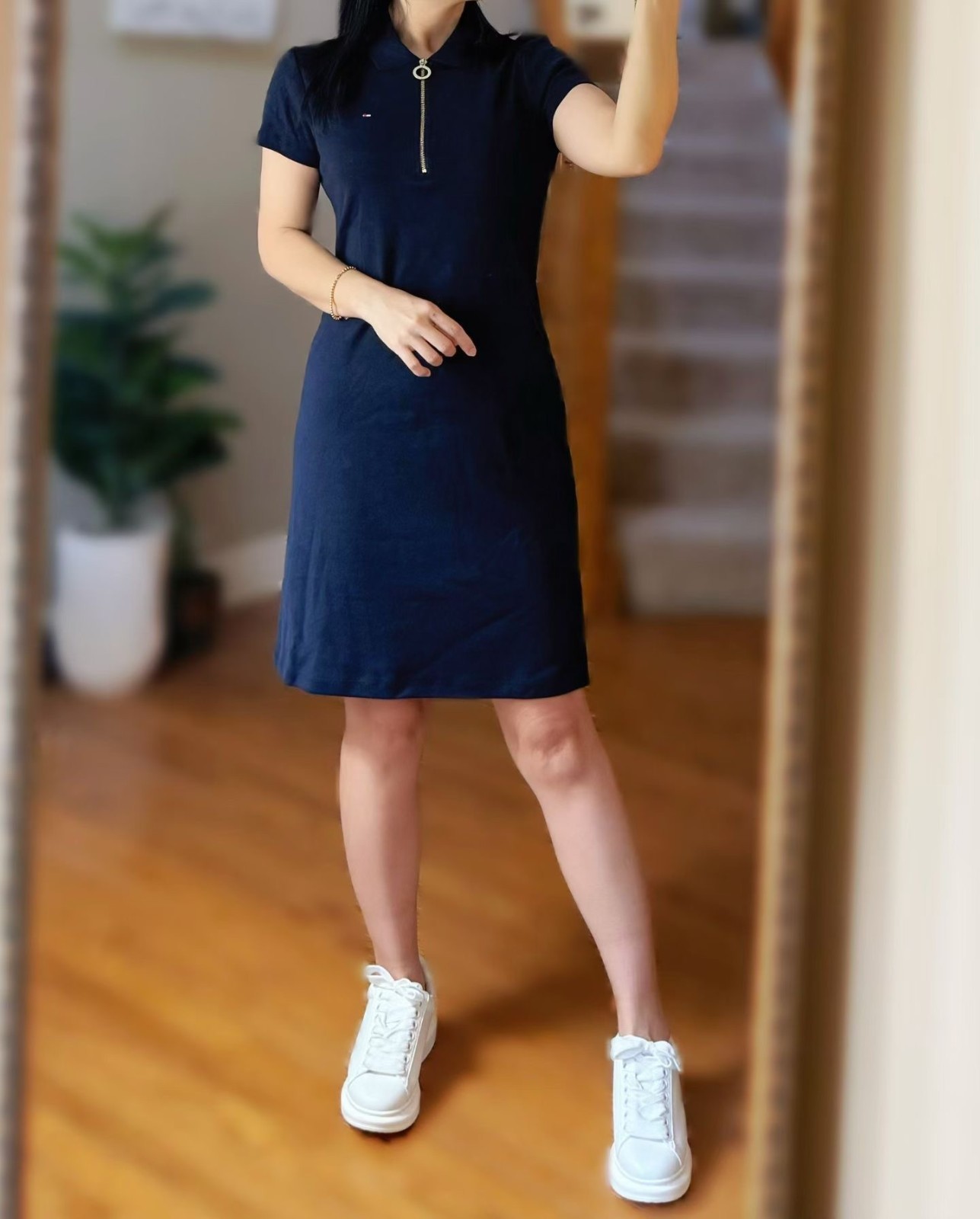 Tommy Hilfiger Navy Knit 1/4 Zip Polo Dress Short Sleeve Embroidered Flag Slim
