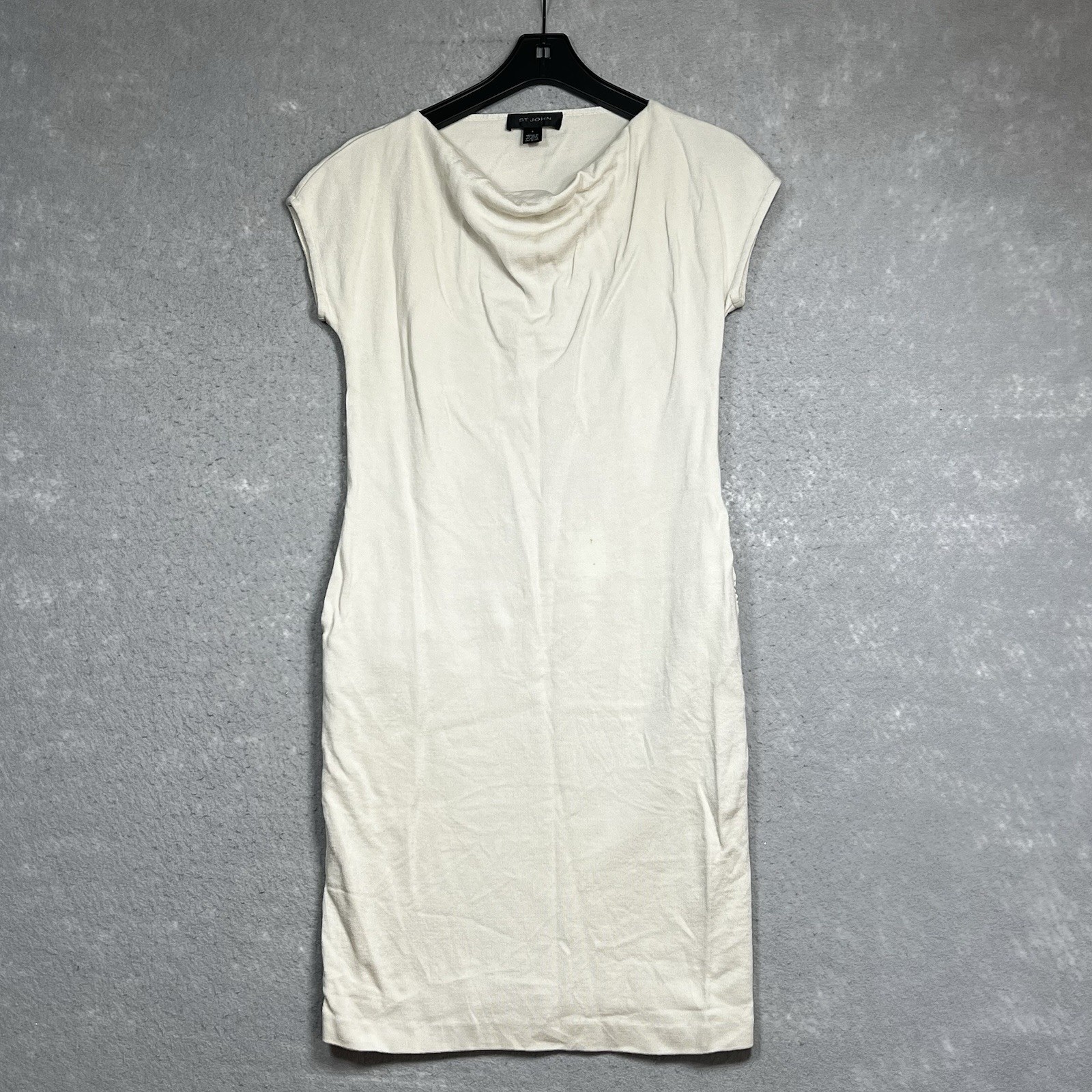 St. John Cowl Neck Dress Womens Size 4 Beige Wool Rayon Short Sleeve Shift