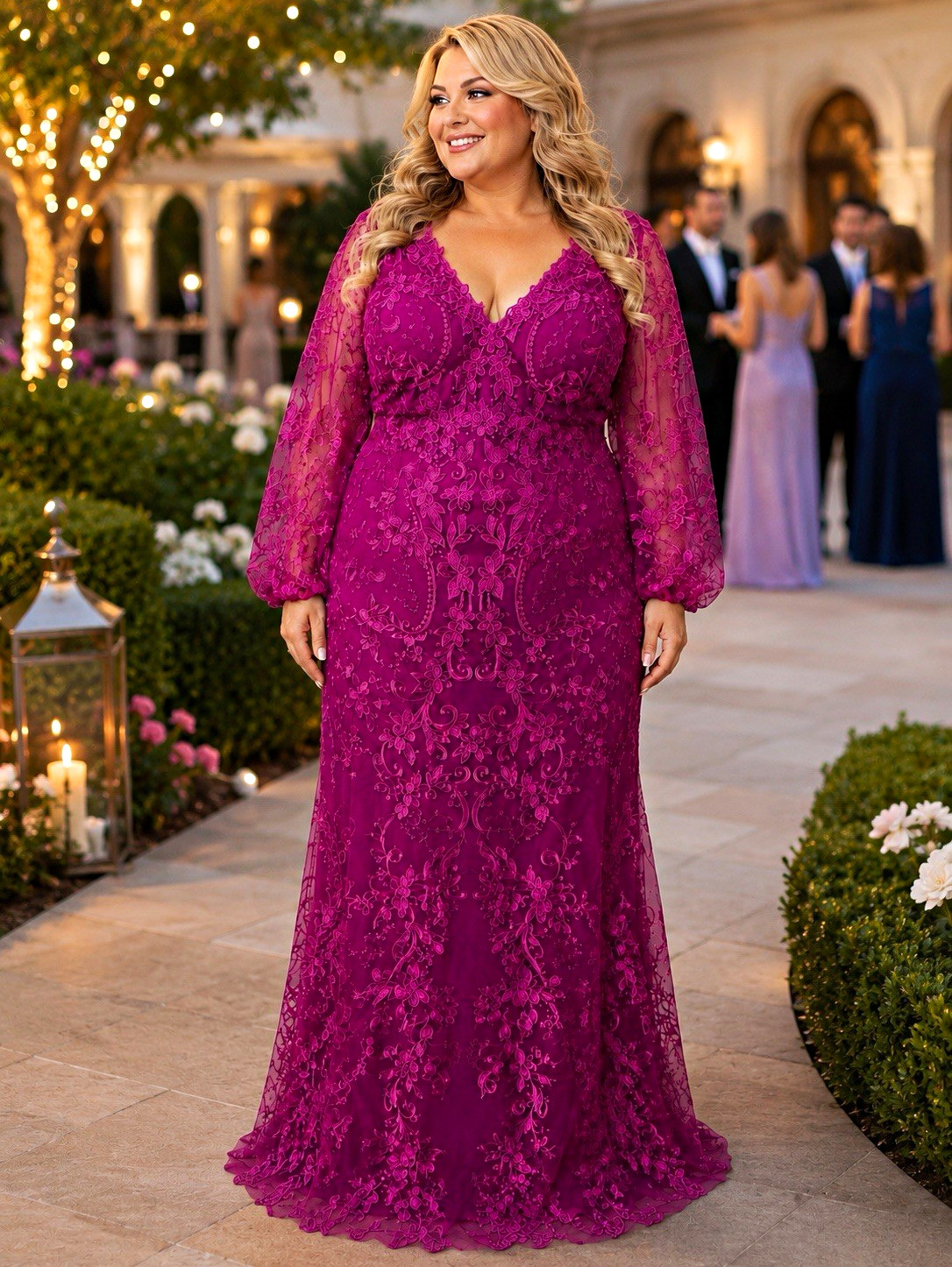 #24-12 Purple Embroidered Lace V-Neck Balloon Sleeve Gown-3X/Size 24
