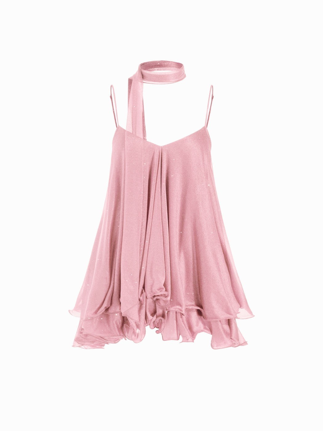 Sequin V-Neck Halter Ruffled Hem Oversized Mini Dress With Scarf