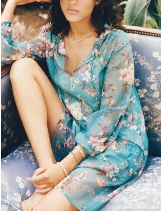 Anthropologie Maeve Emmy Floral Tunic Long Sleeve Sheer Dress Teal Size Large