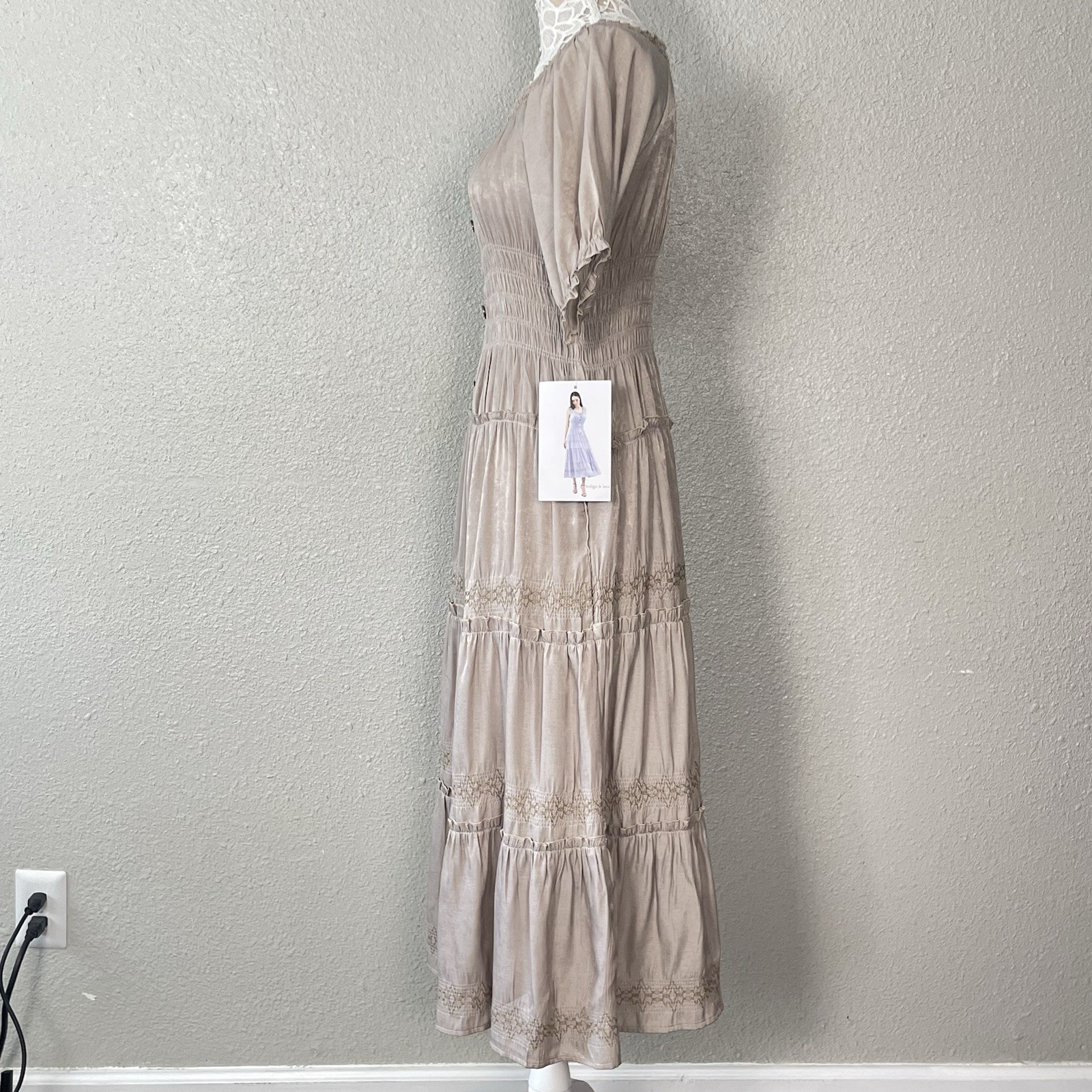 Indigo & Lace Milkmaid Maxi Dress Medium Taupe Tiered Resort Cottage Peasant