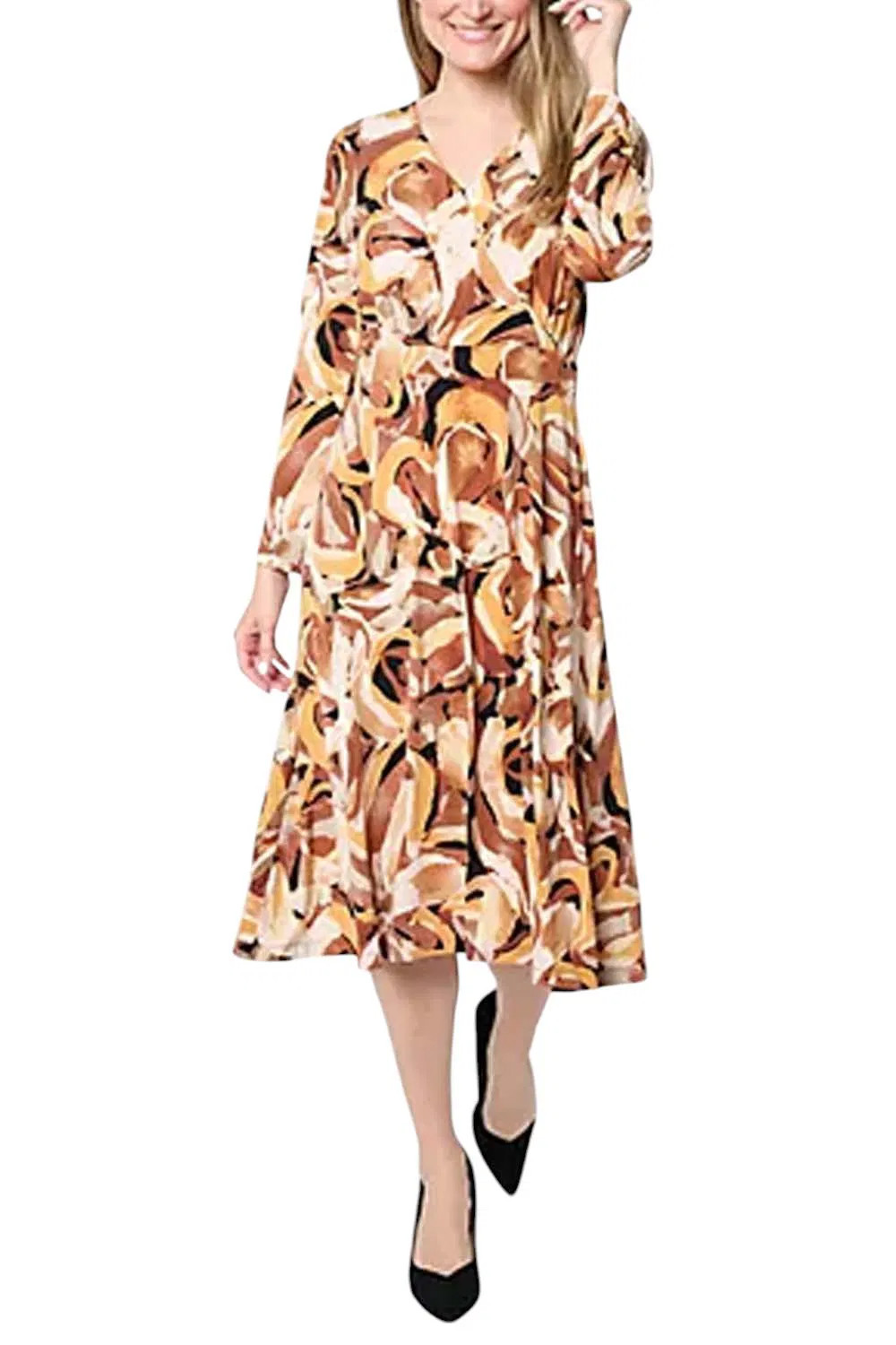 Susan Graver Women’s Printed Liquid Knit Wrap Dress Caramel/Black