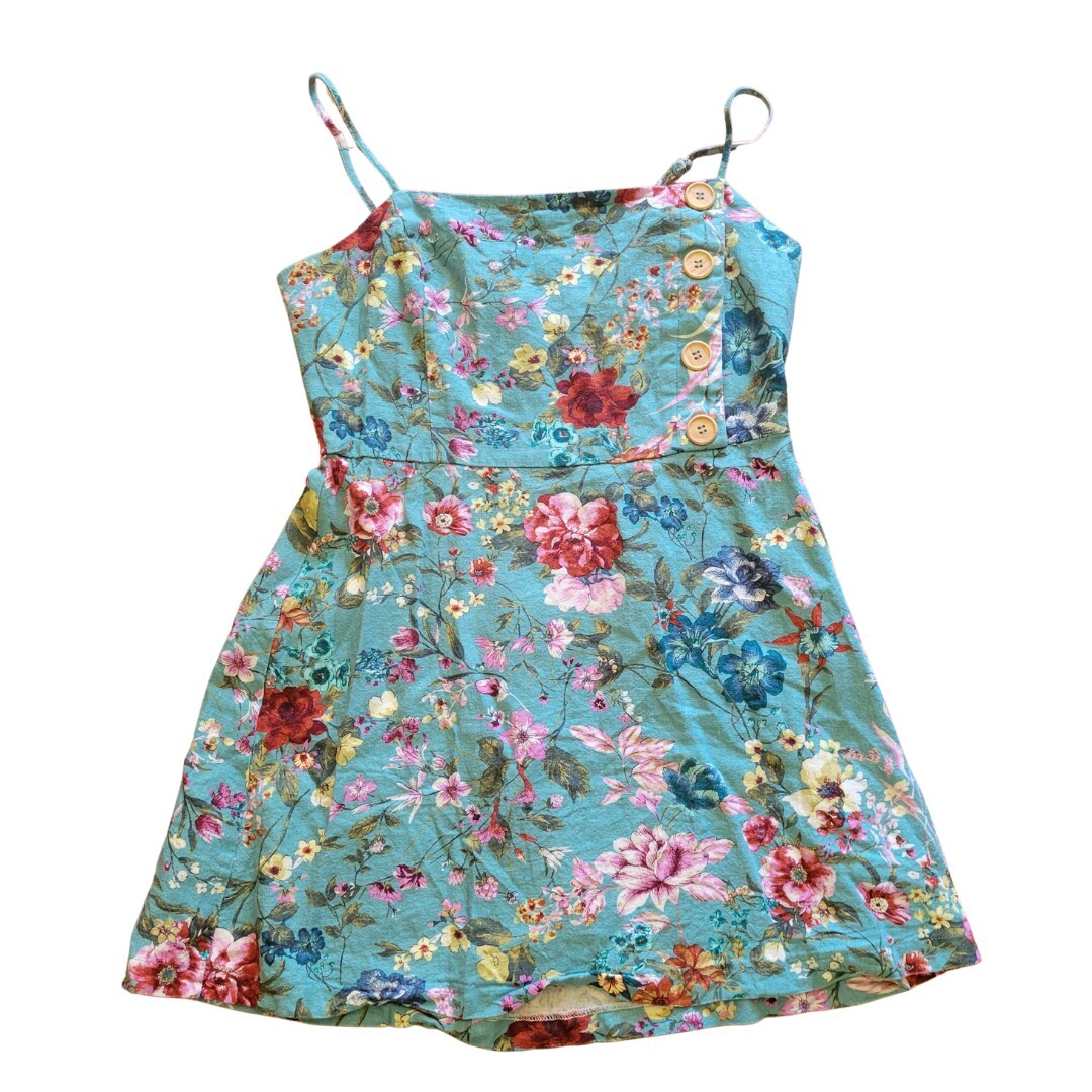 Lulu’s Lush Womens Teal Green Floral Linen Sundress Size Medium Button Detail