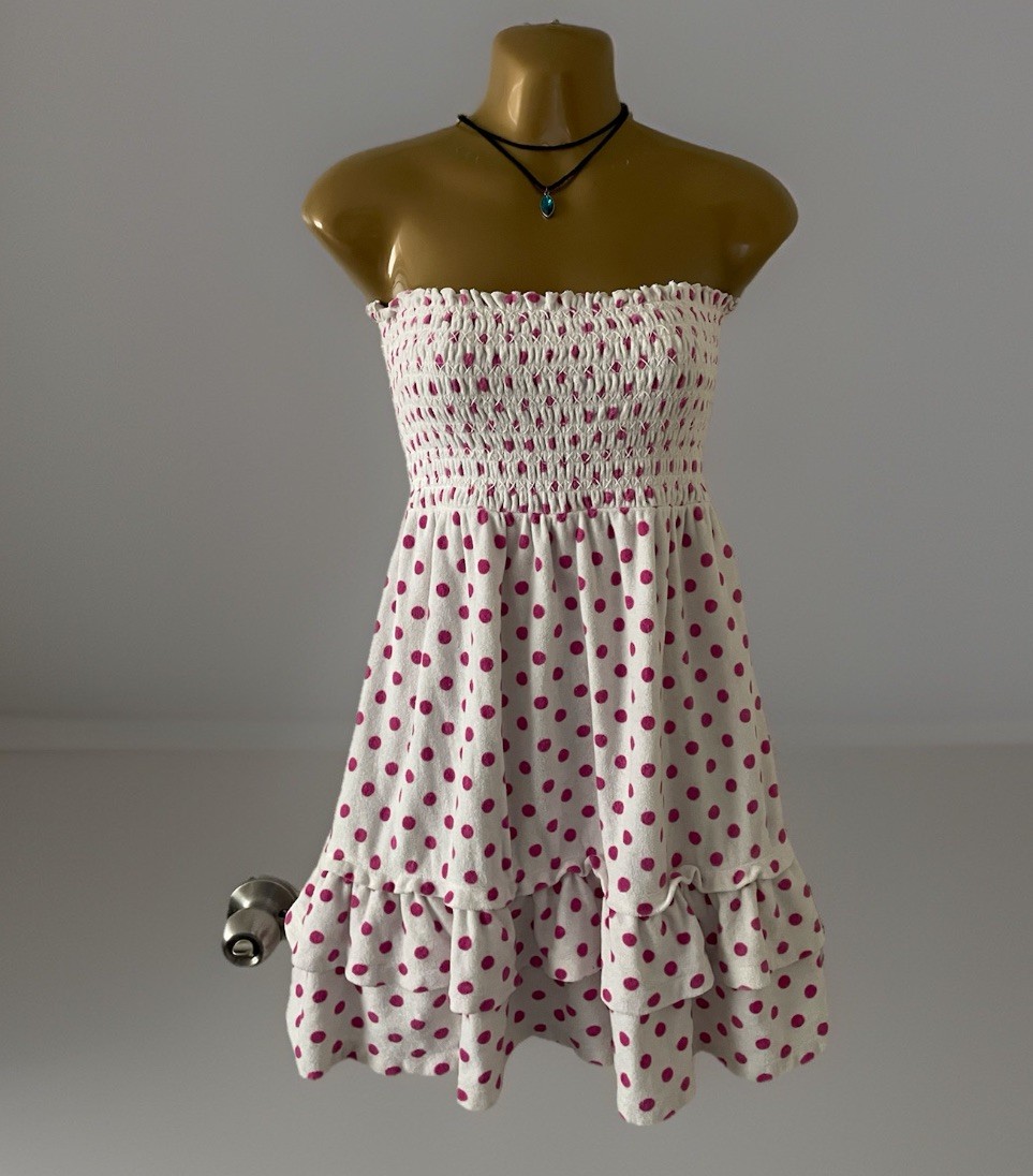 Y2k Juicy Couture Terry Cloth Mini Dress Strapless M Pink Polka Dots Ruffles