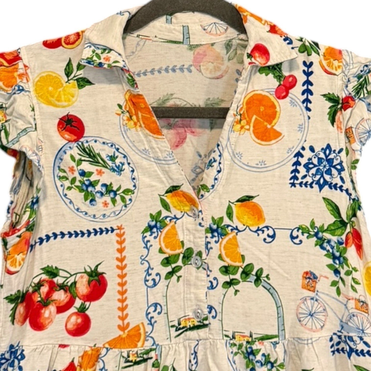 Jane & Delancey Fruit & Mediterranean Print Cottagecore Tiered Maxi Dress S