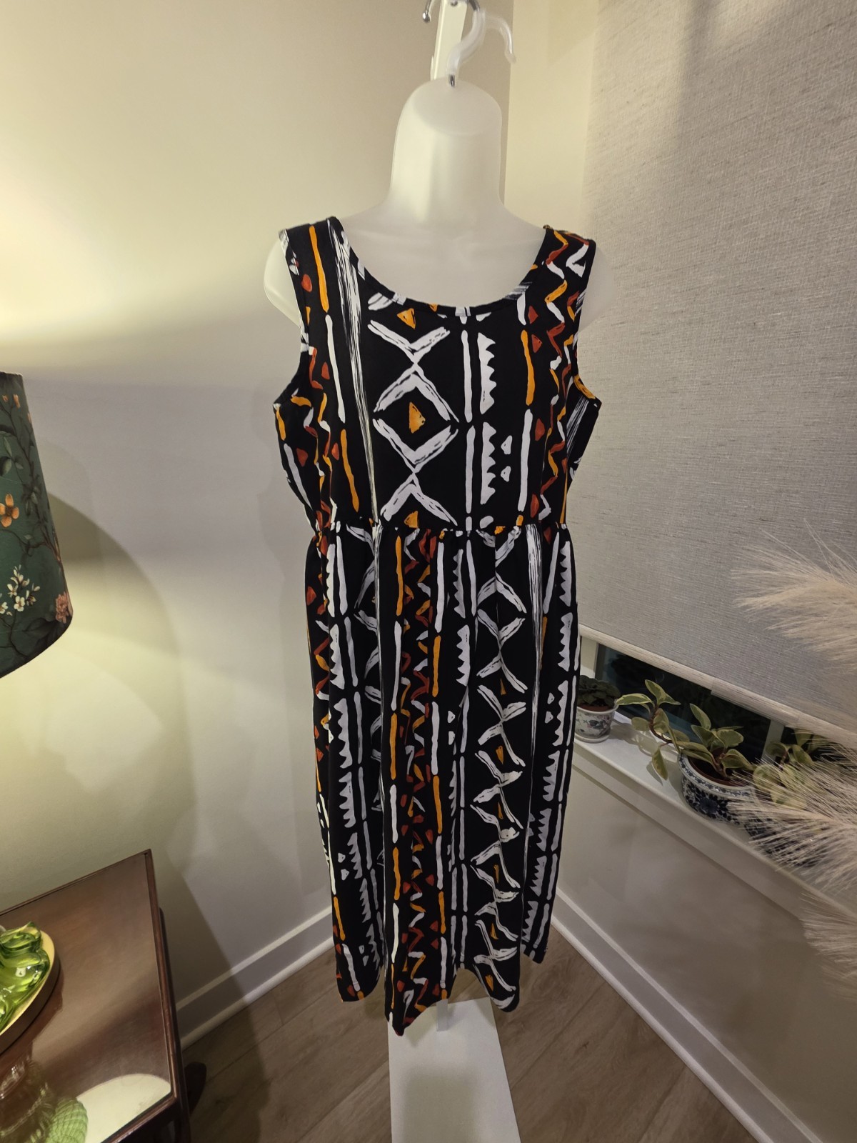 Midi Sun Dress Black Orange White Geometric Print Sleeveless M VTG