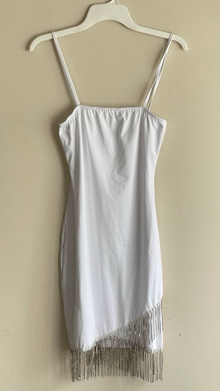 White Rhinestone Fringe Mini Dress Asymmetric Bodycon Bridal Bachelorette Sz M