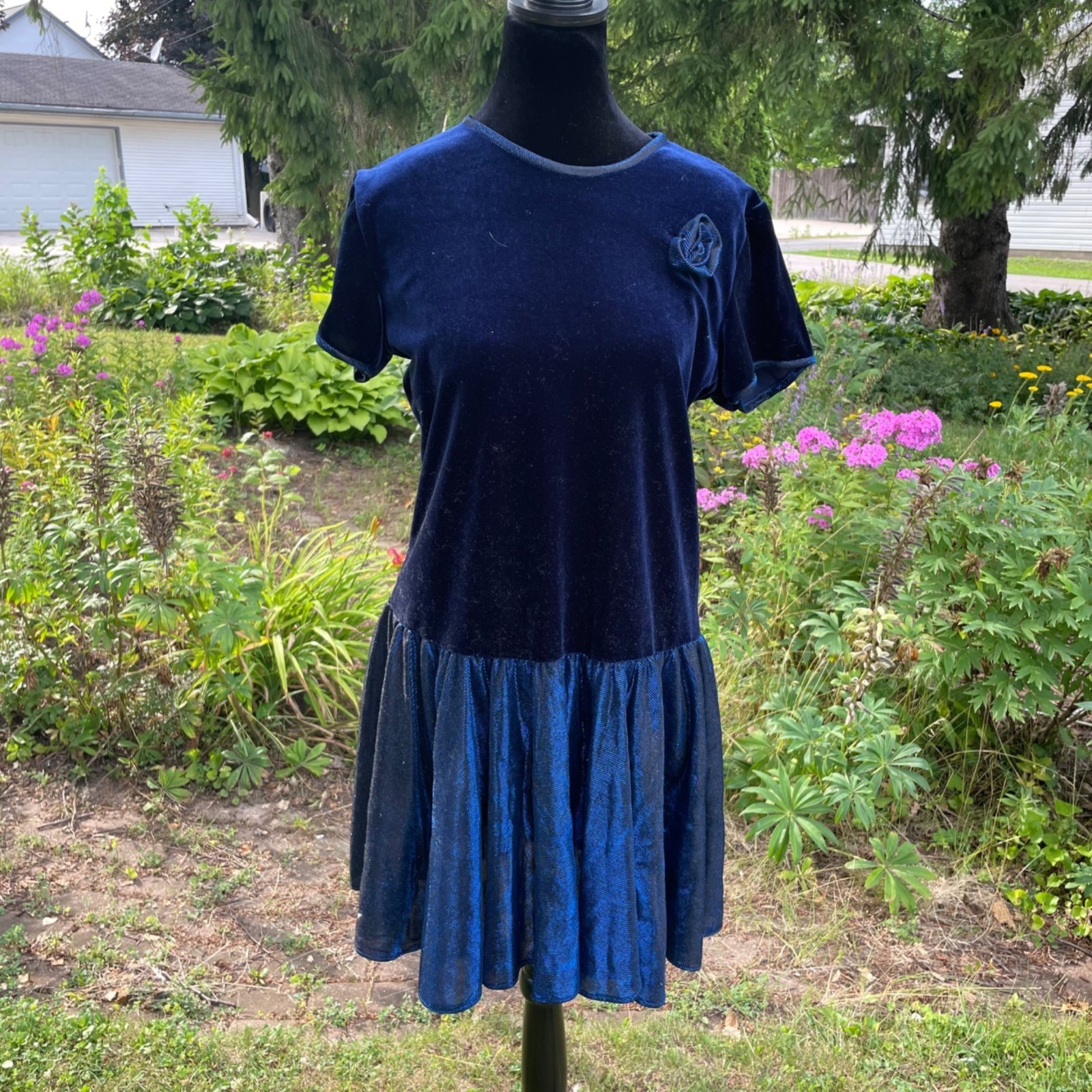 VTG 80s Dress Navy Velvet Hoco Bow Drop Waist Shiny Prom S M Handmade Formal