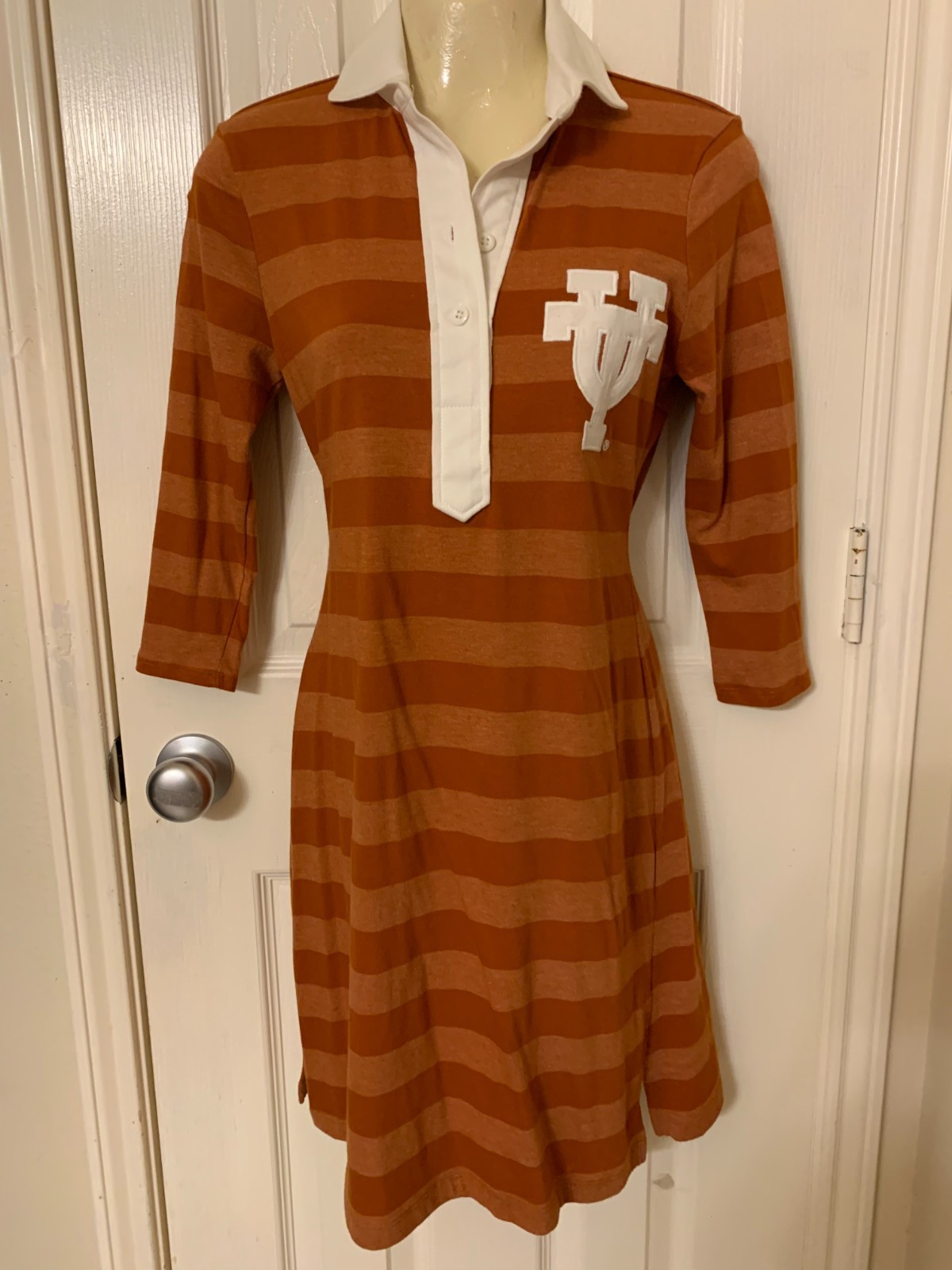 Texas University T-Shirt Dress Striped Orange Long Sleeve Collard Size XS EUC