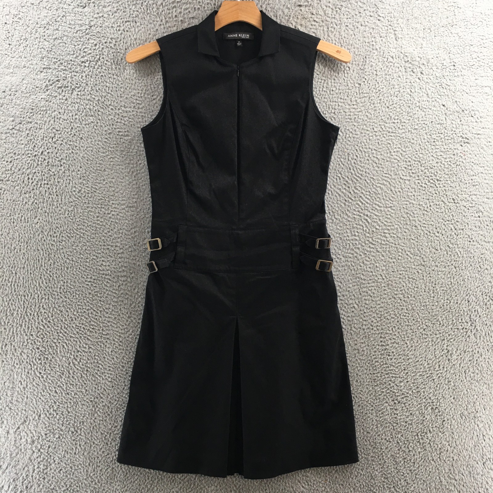Anne Klein Dress Womens 12 Black Sleeveless Zip Front Buckle Waist Pleated