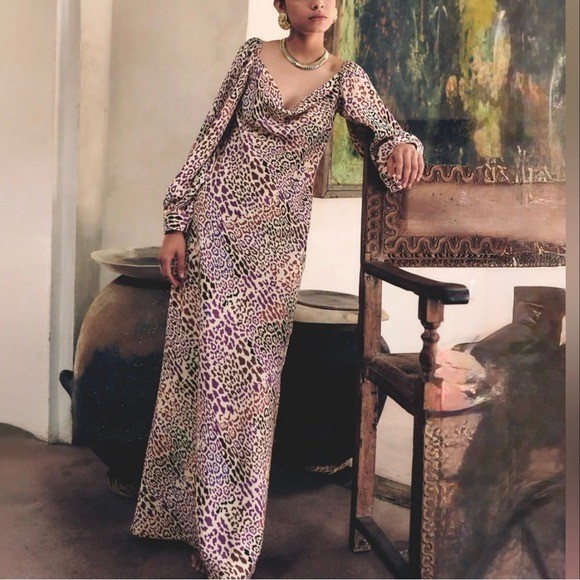 Carolina K Animal Print Cole Neck Long Sleeve Maxi Dress Size S retail $415