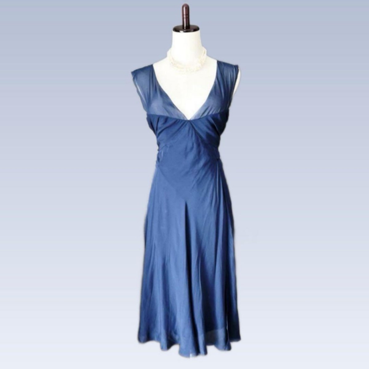 CHANEL Silk Chiffon Dress V Neck Sleeveless Navy Blue Women Size FR 38 M Long