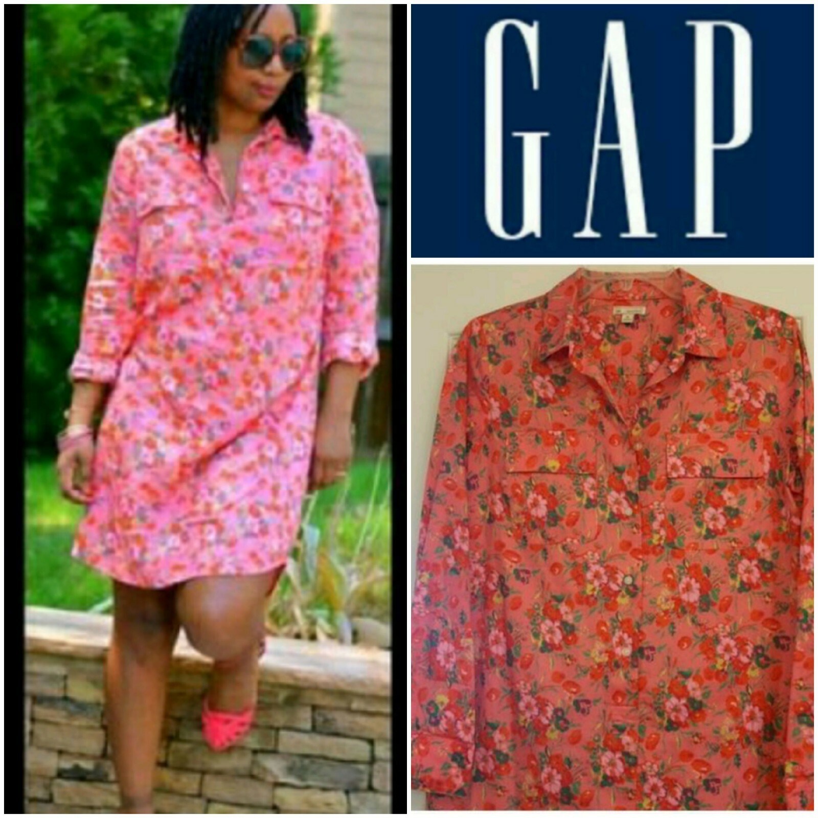 GAP Pink Multi Color Floral Print Cotton Long Sleeve Shirt Dress ~ L M3020