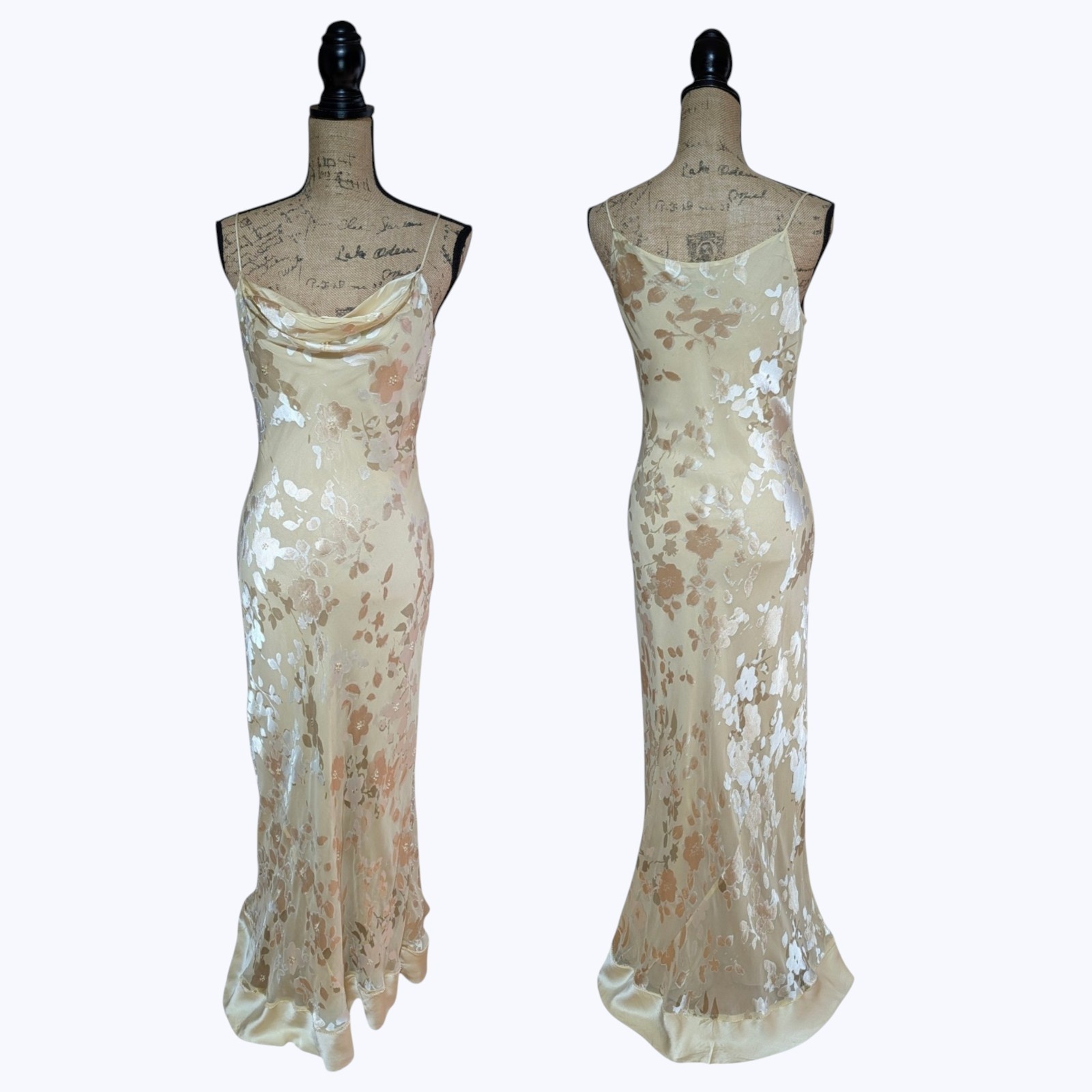 Vintage Y2K Monsoon Long Bias Cut Floral Devore Beaded Dress UK 10/12 (US 8)