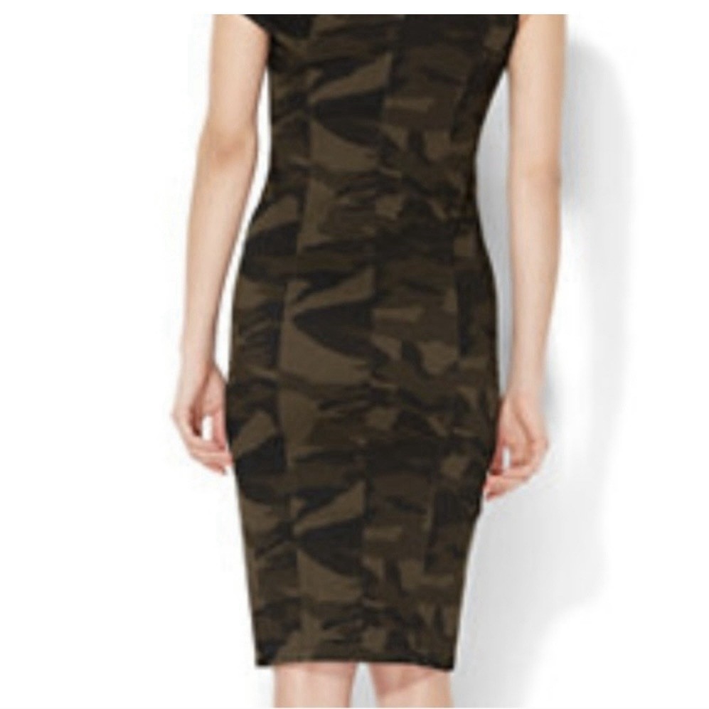 New York & Company One-Shoulder Olive Camo Bodycon Dress Sz Medium