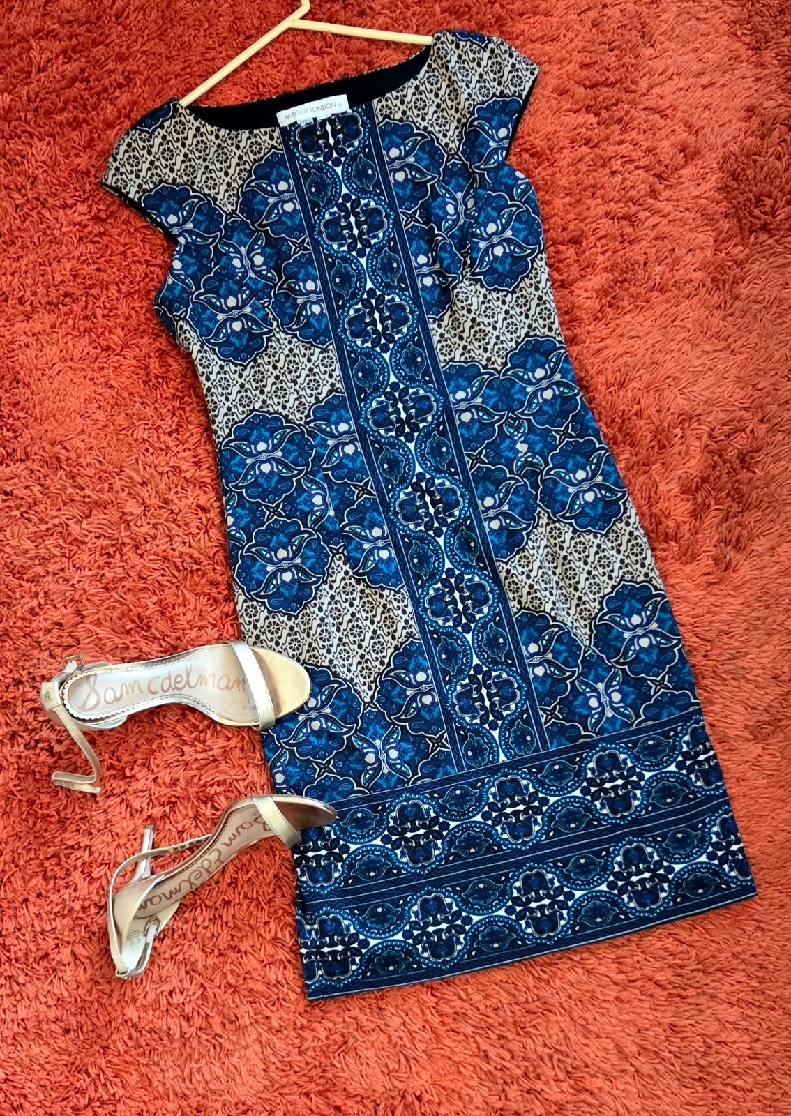 Vintage Maggy London Dress – Size 8 – Sri Lanka – Blue & Beige 💙🤍