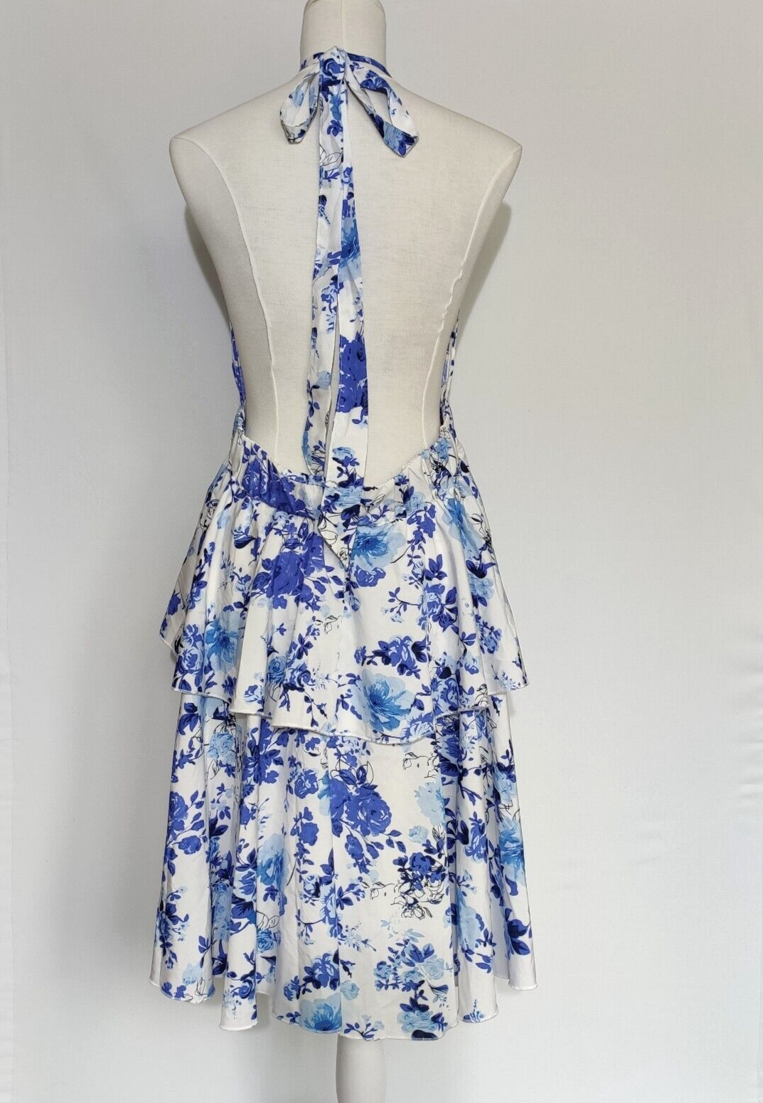 Shein Floral Halter Neck Dress, White & Blue, Layered – Size XL