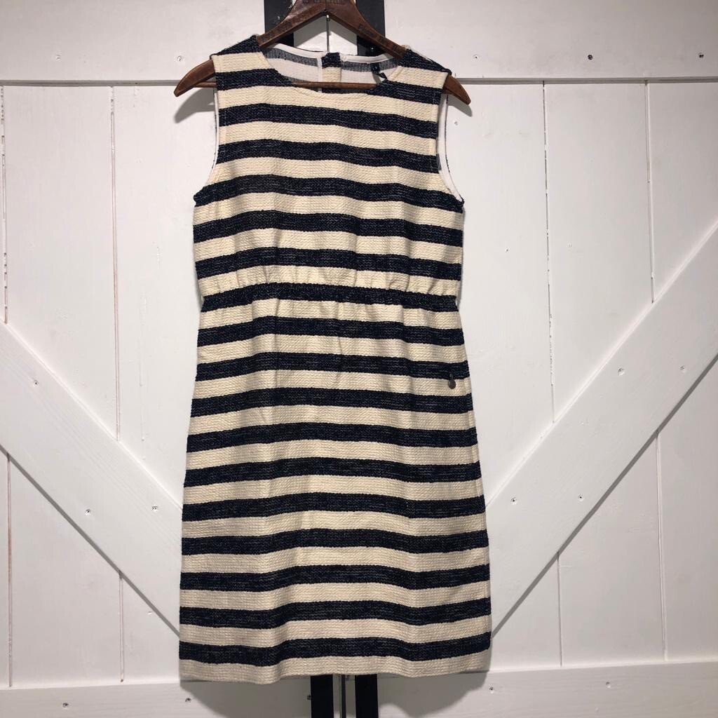 Woolrich Womens Small Zip Dress Sleeveless Round Neck Pockets Striped Navy/Cream