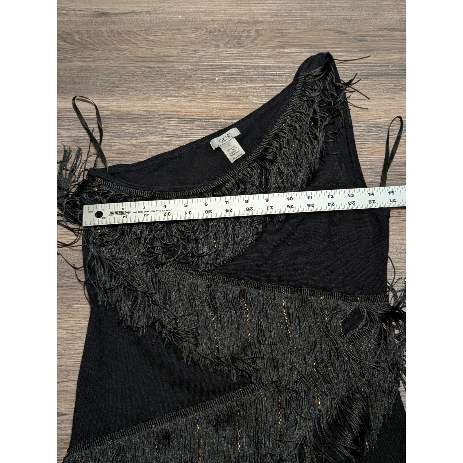 Cache Black One Shoulder Tiered Fringe Knit Party Dress Large L RN 74578
