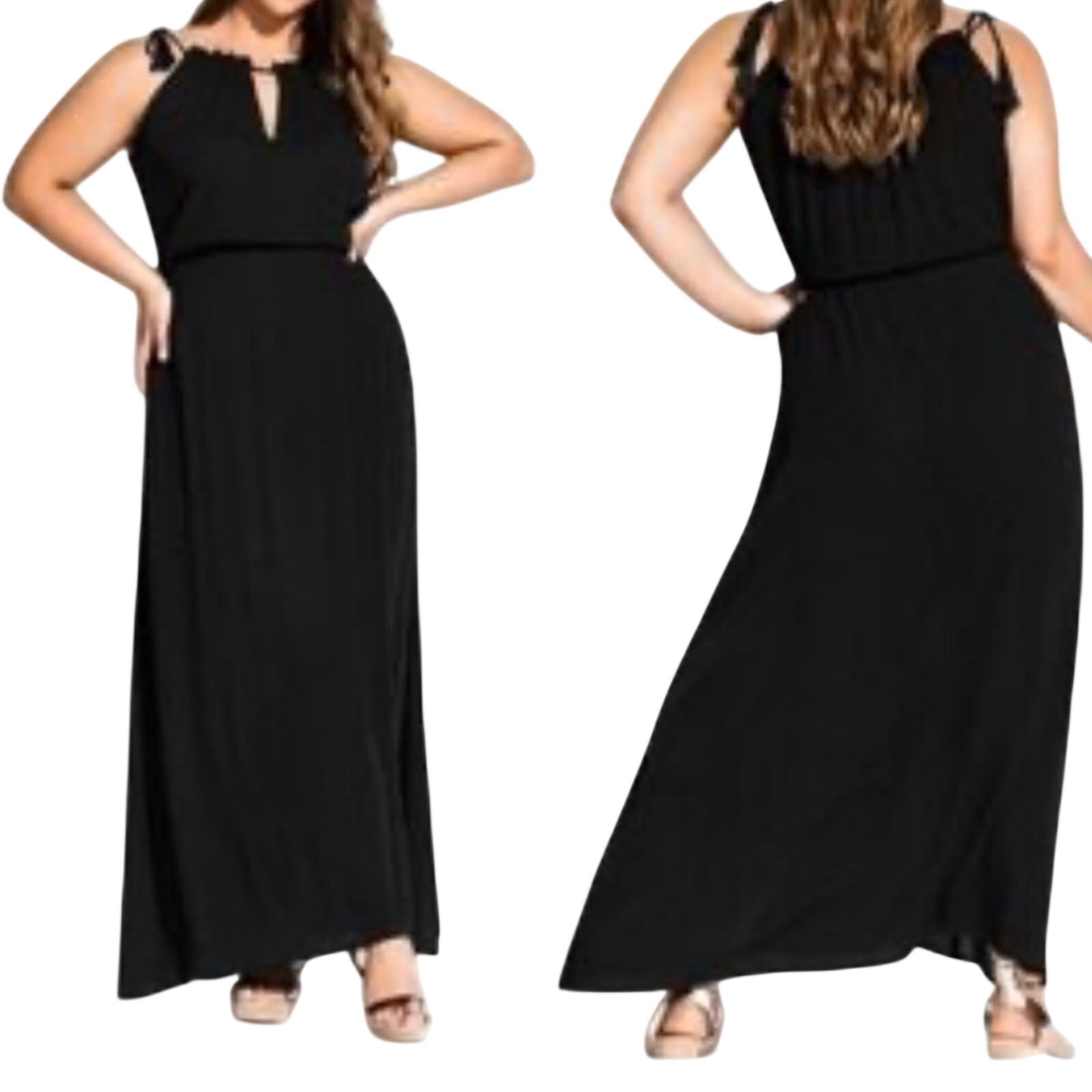City Chic Black Tassel Tie Crinkle Maxi Dress L/20W Boho Elastic Waist Vacation
