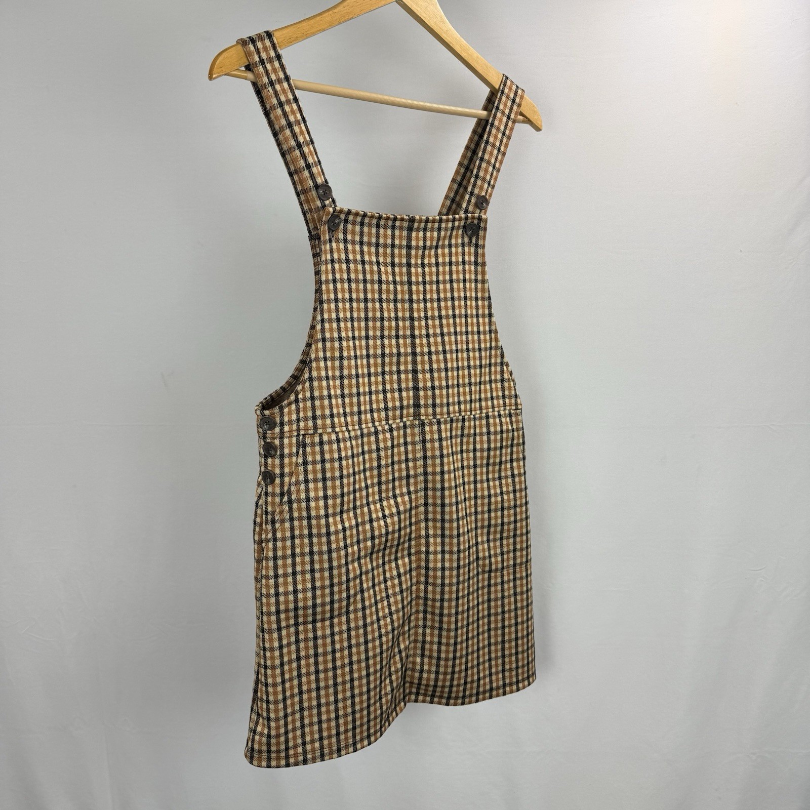 SO Junior Overall Dress Womens Small Brown Plaid Tartan Button Strap Pinafore