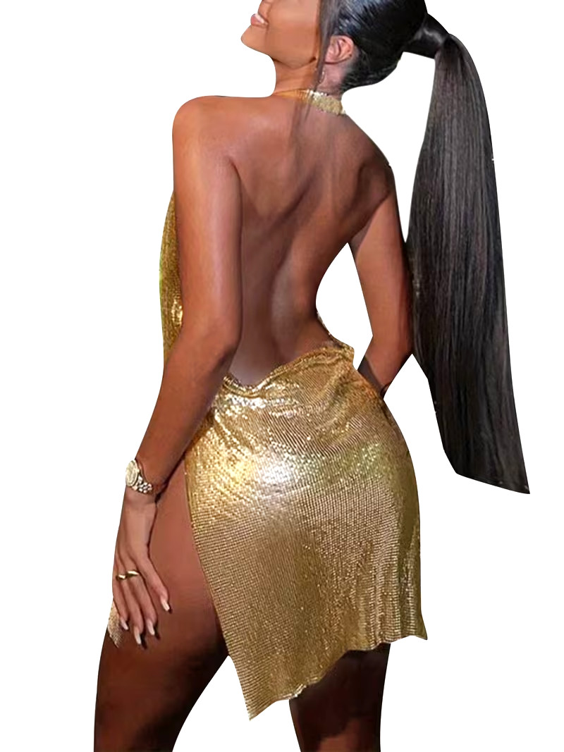 Small Gold Sequin Glitter Bodycon Backless Side Cuts. Glamorous Sexy Halter!