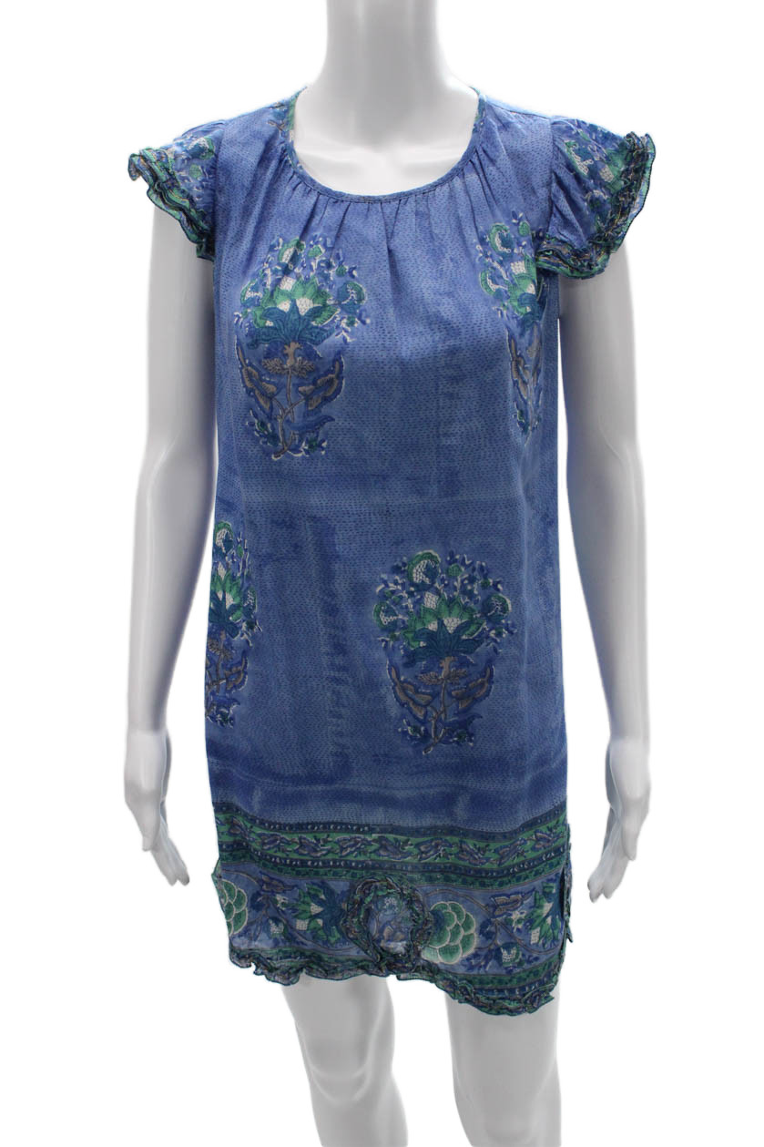 Bell Women Shift Floral Blue Short Sleeve Round Neck Dress Size S