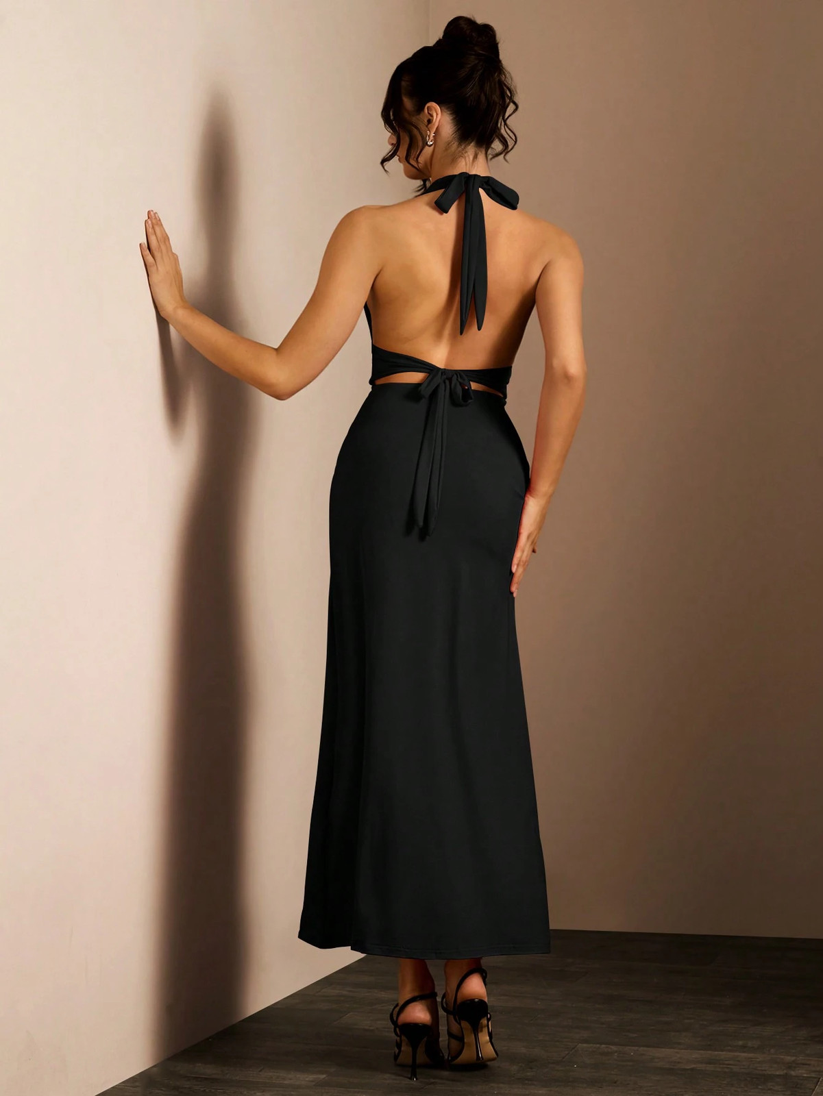 Women’s Black High Slit Halter Neck Maxi Dress