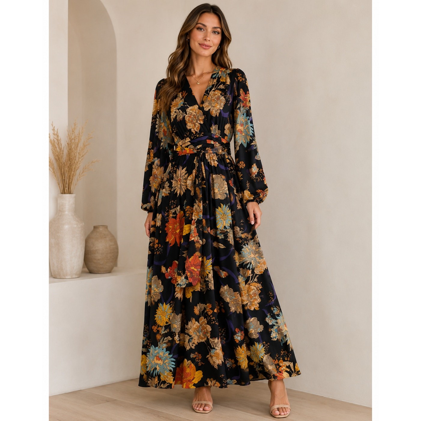 Pinch Floral Maxi Dress Size M Balloon Sleeve Tie Waist Split Multicolor Boho