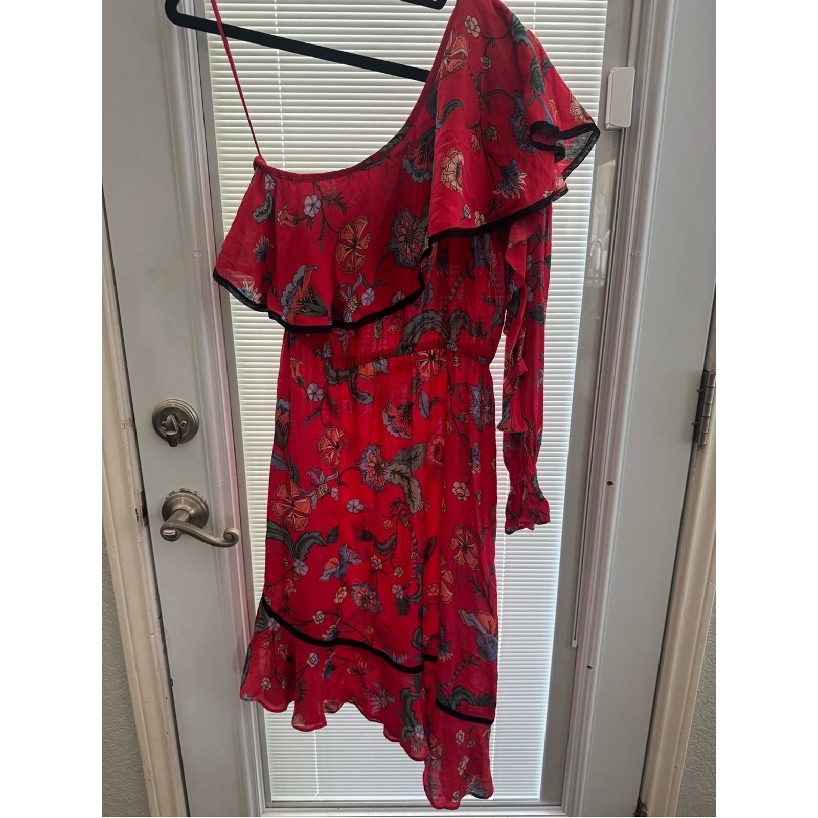 Love Sam Red Floral One Shoulder Asymmetrical Ruffle Dress XS Boho Viscose