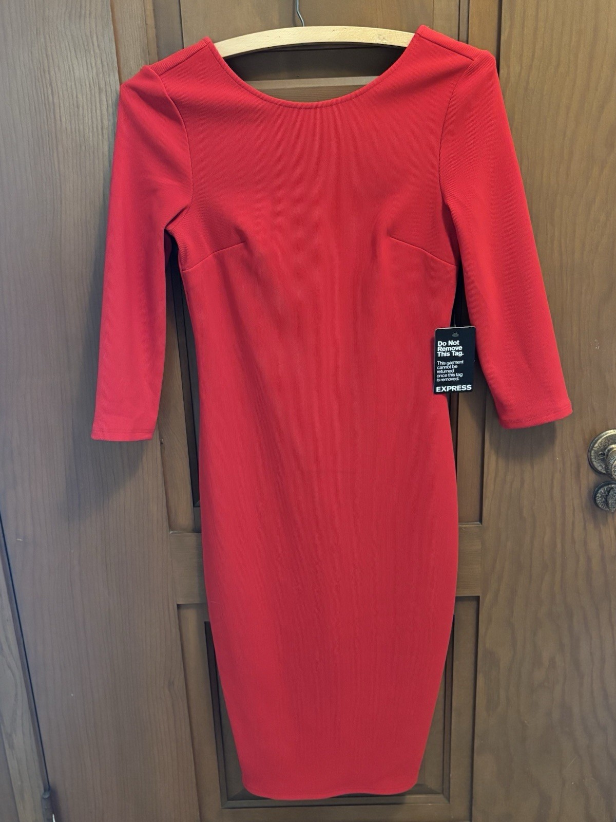 Women’s Express Ribbed Red Knee Length Dress, Gold Back Zipper, NWT