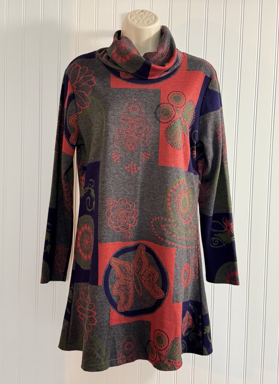 RADZOLI Soft Knit Cowl Neck Swing Dress Artsy Floral Butterfly Boho Tunic L