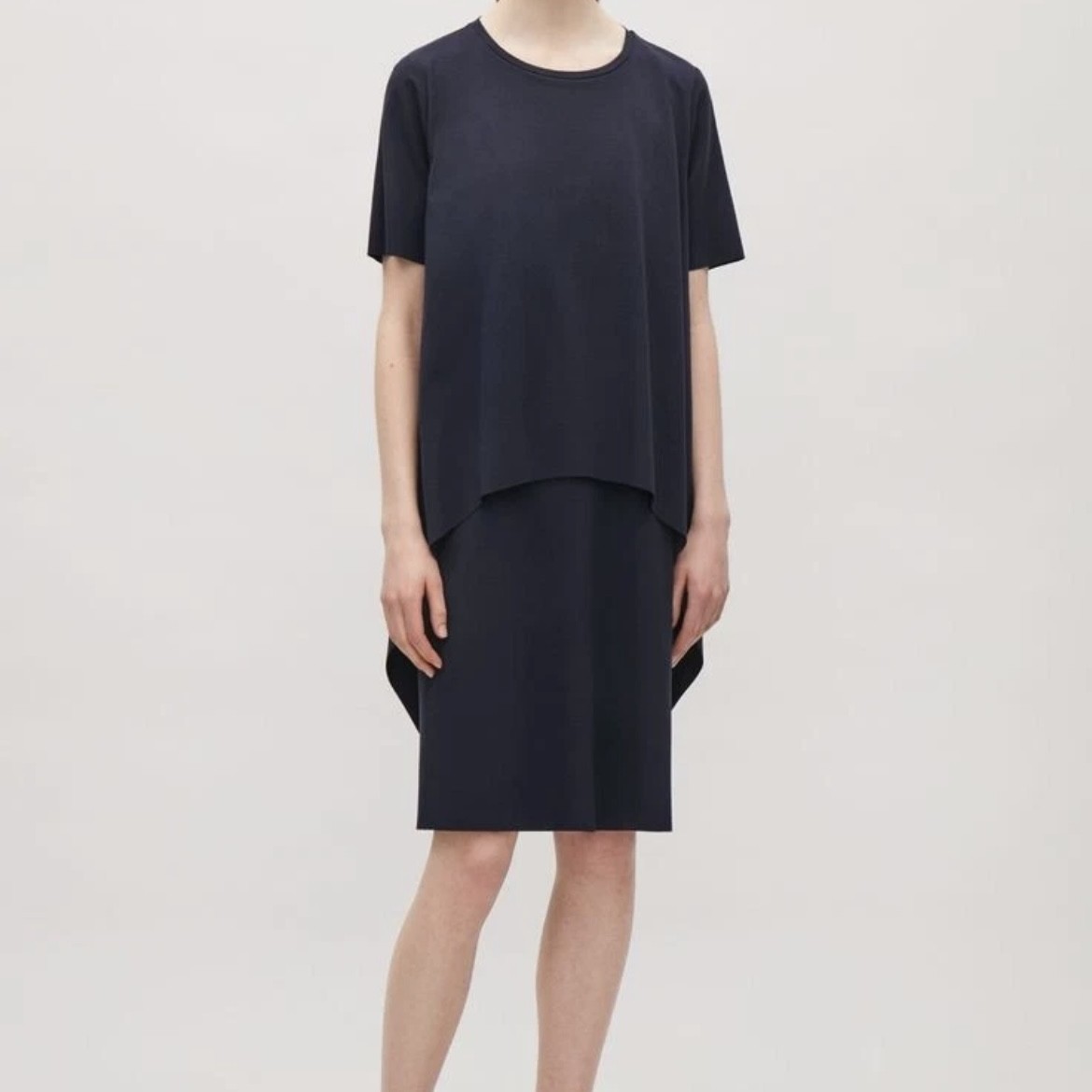 COS Circle Cut Layer Dress Womens Small Navy Blue Asymmetrical Raw Hem Layered