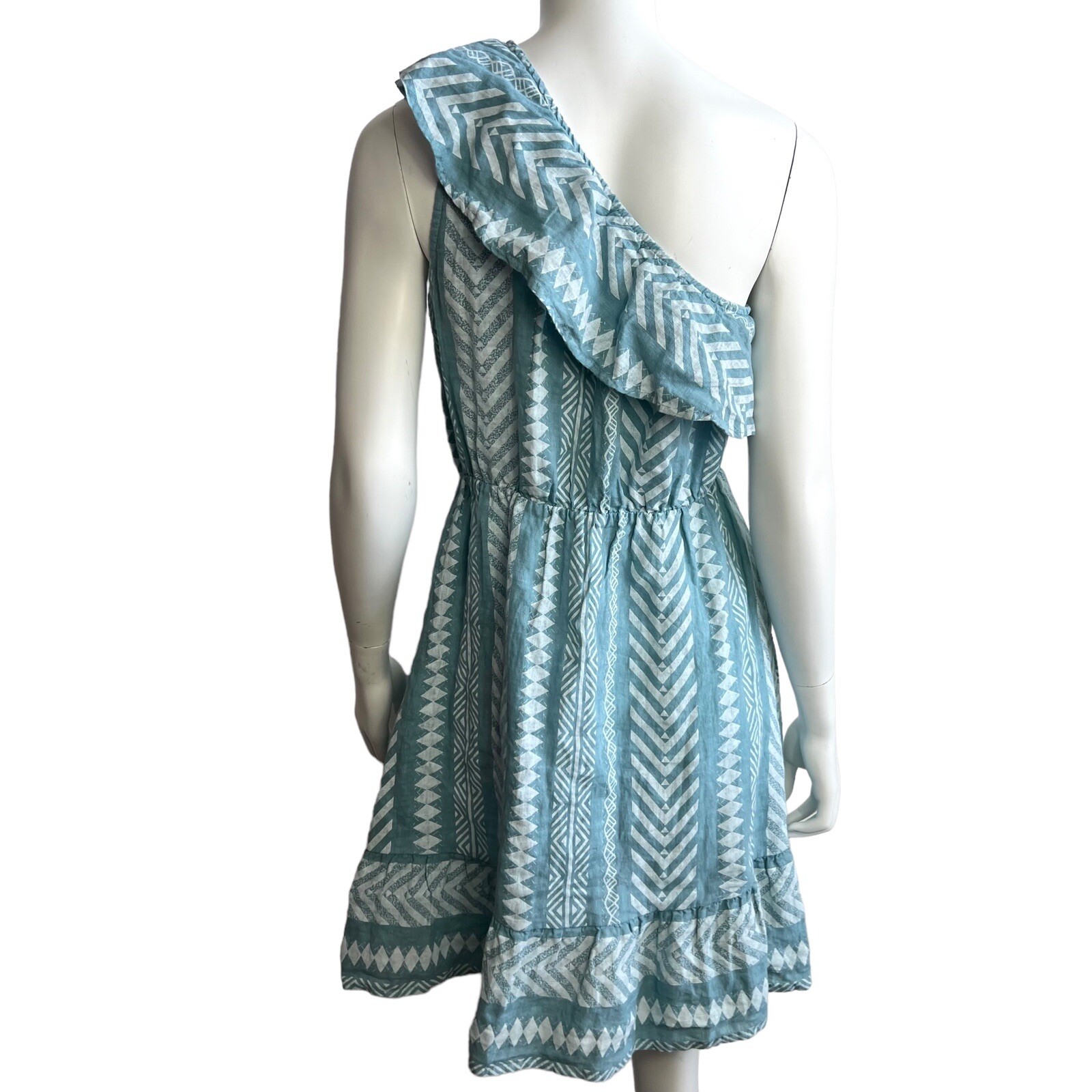 Valentina Naldi 100% Linen Dress Medium Blue One Shoulder Resort Italy White