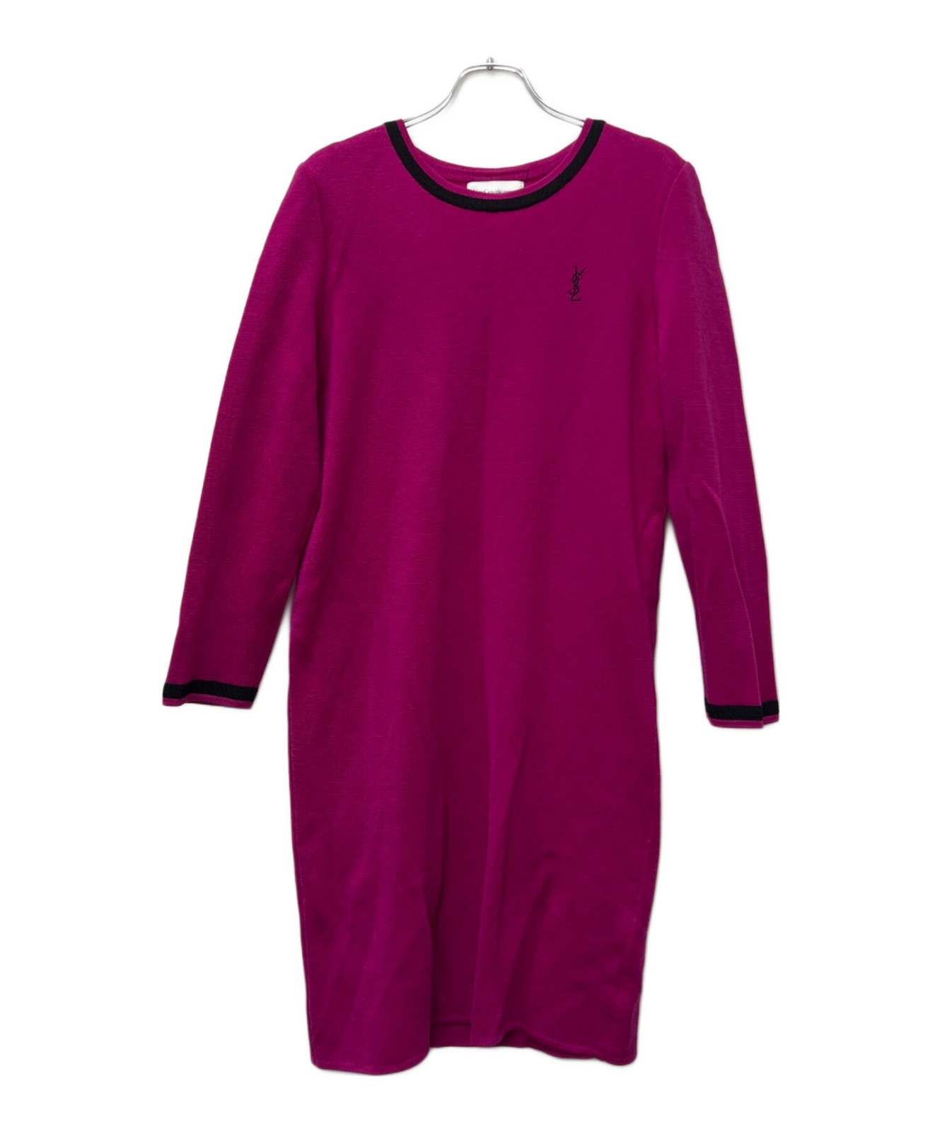 Yves Saint Laurent YSL Logo Embroidered Wool Trim Knit Dress M Pink from Japan
