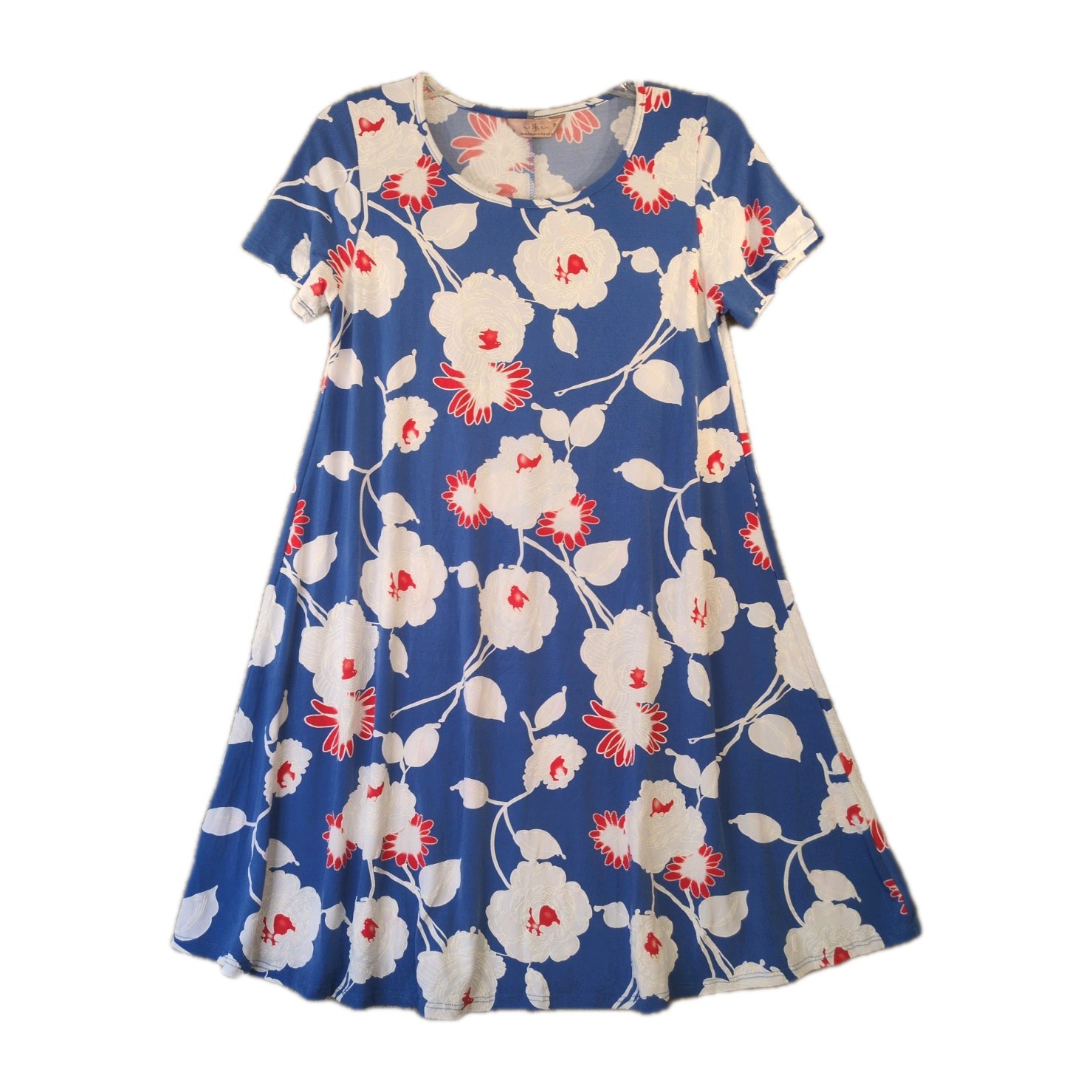 SJS Women’s Swing Dress Mini Short Sleeve Babydoll Floral USA Blue Red White