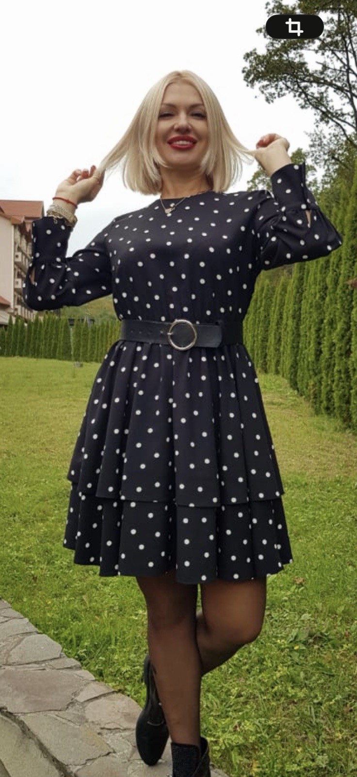 White Black & White Polka Dot A-Line Short Dress Belted Long Sleeve Size 38