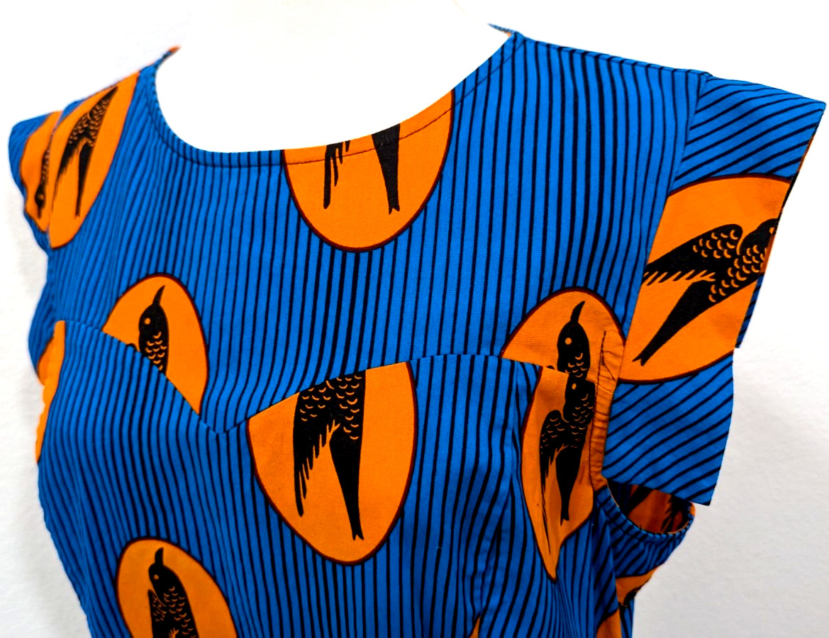 MAE OTTI Authentic African Print Mini Dress BIRDS Blue Black Stripe Size XL EUC*