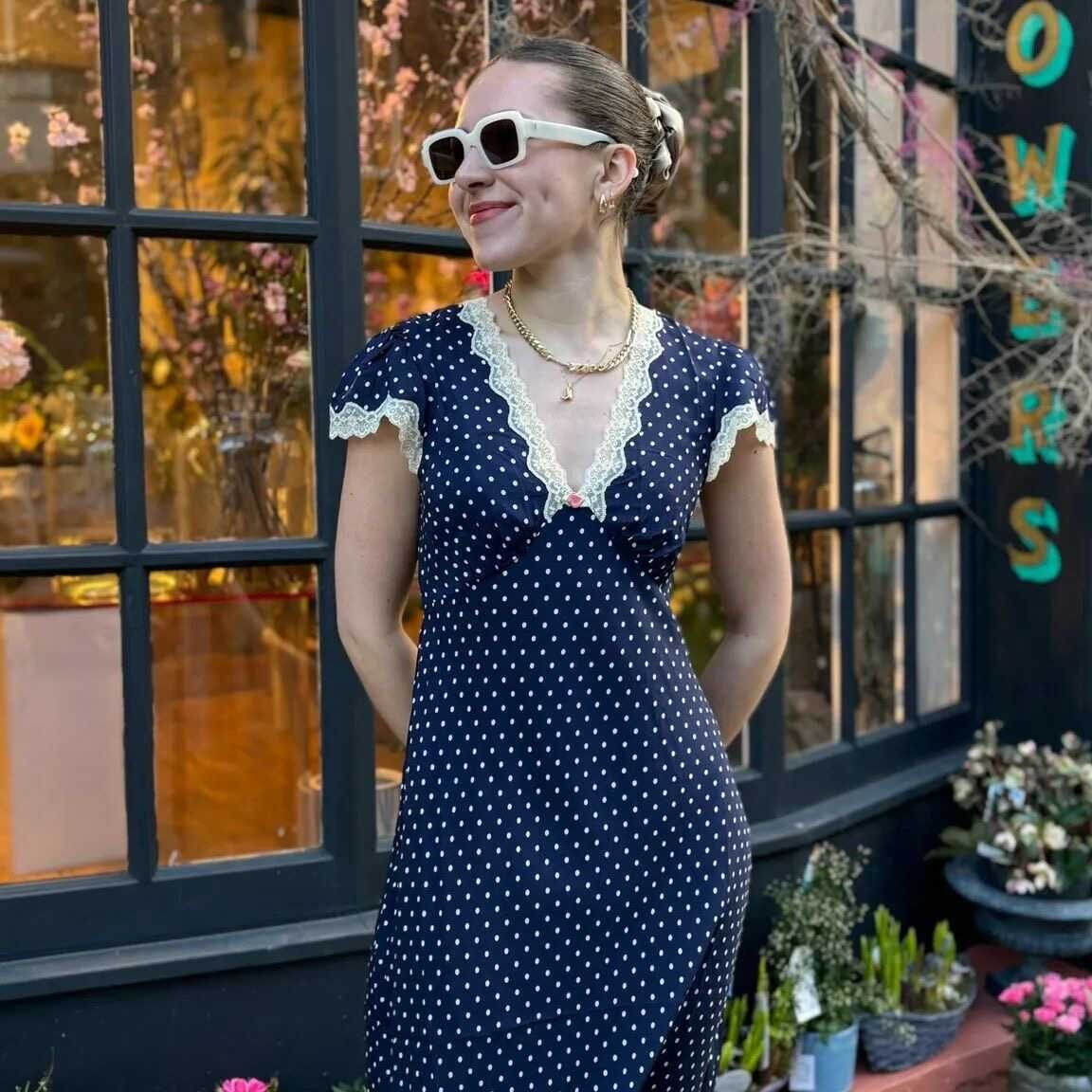 RIXO LONDON Retro Polka Dot Lace Trim V Neck Tie Waist Bias Cut Midi Dress