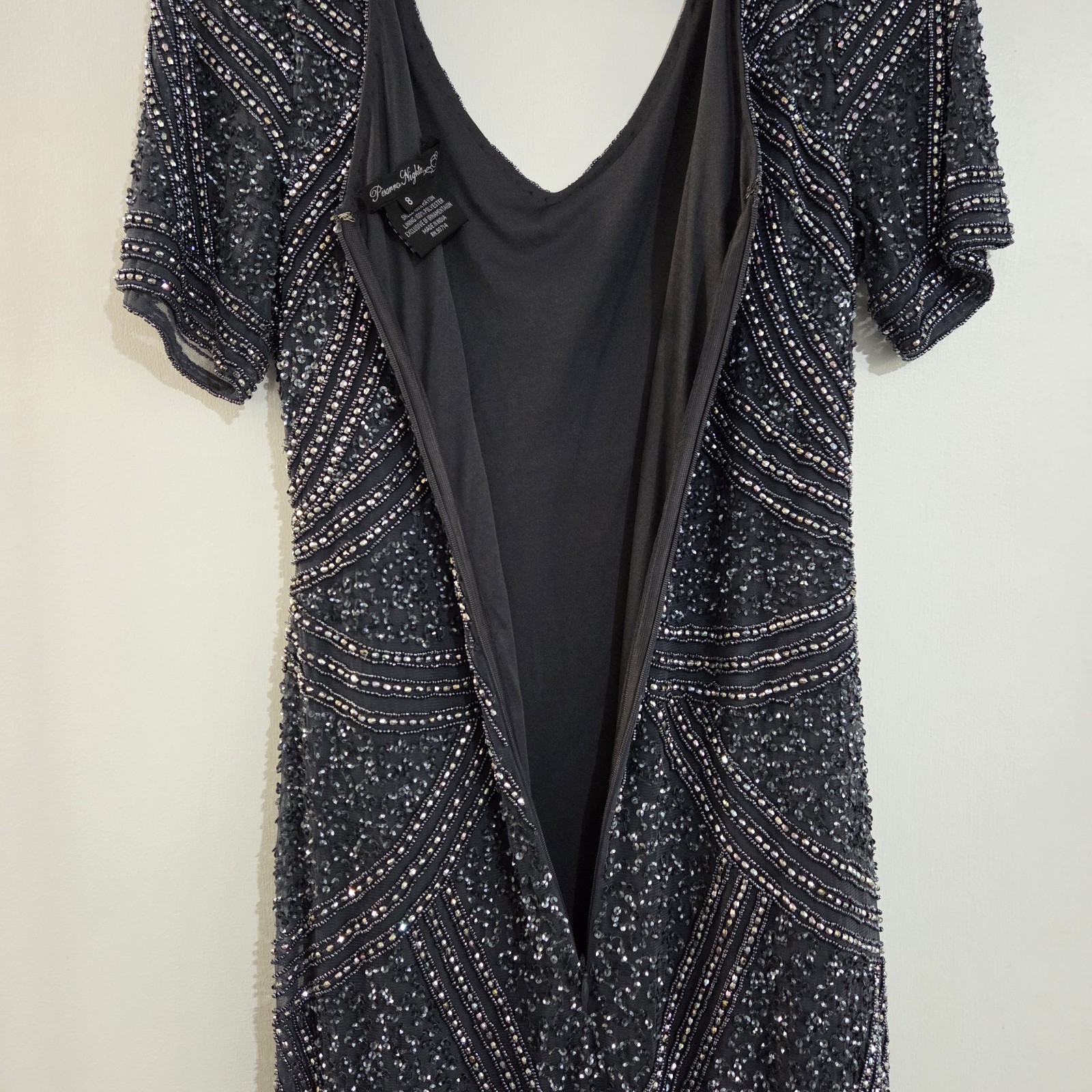 Pisarro Nights Size 8 Beaded Short Sleeve Midi Dress Slate Blue NWOT