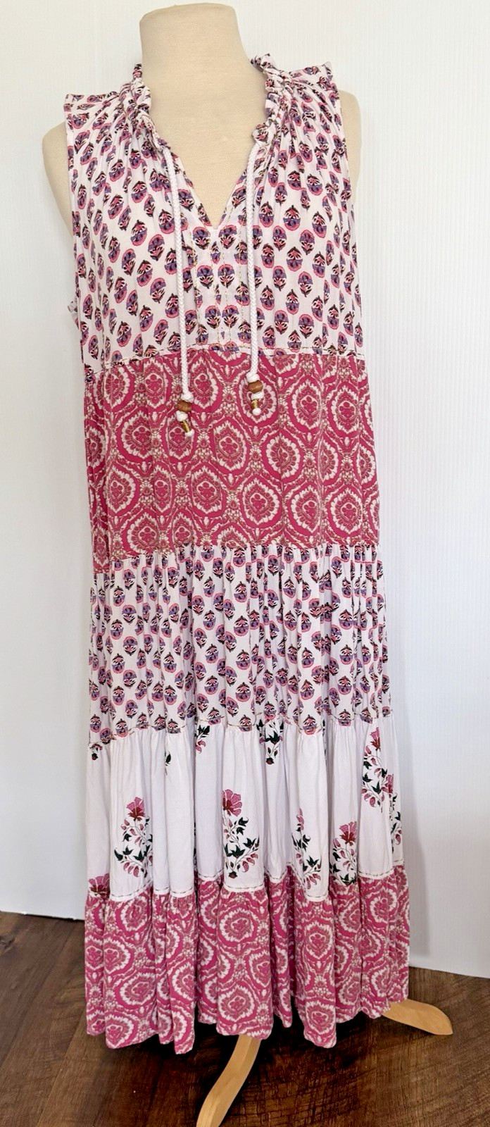 Chelsea & Theodore Boho Pink Maxi Dress Women’s XL Sleevless Tiered Mixed Prints