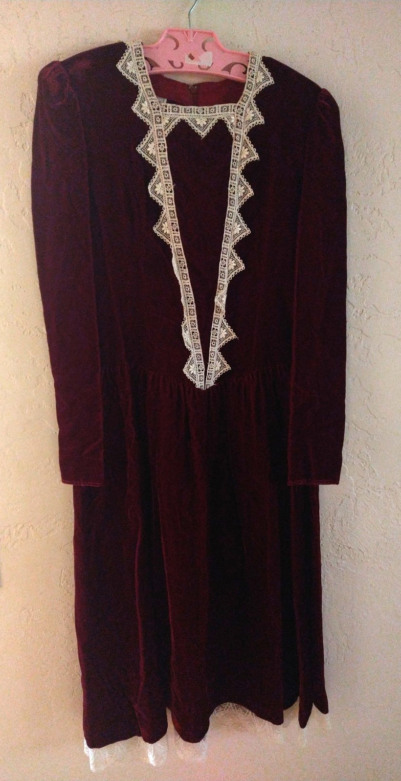 Jessica McClintock Velvet Lace Trim Midi Dress Size 8 Burgundy Vintage USA Made