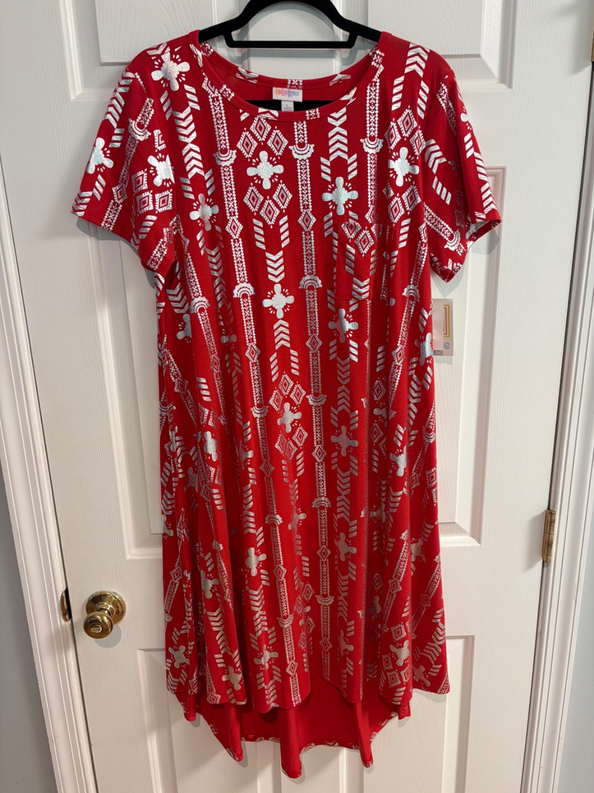 LuLaRoe NWT Carly dress Large (12-14); geometric & crosses; red w/ metallic
