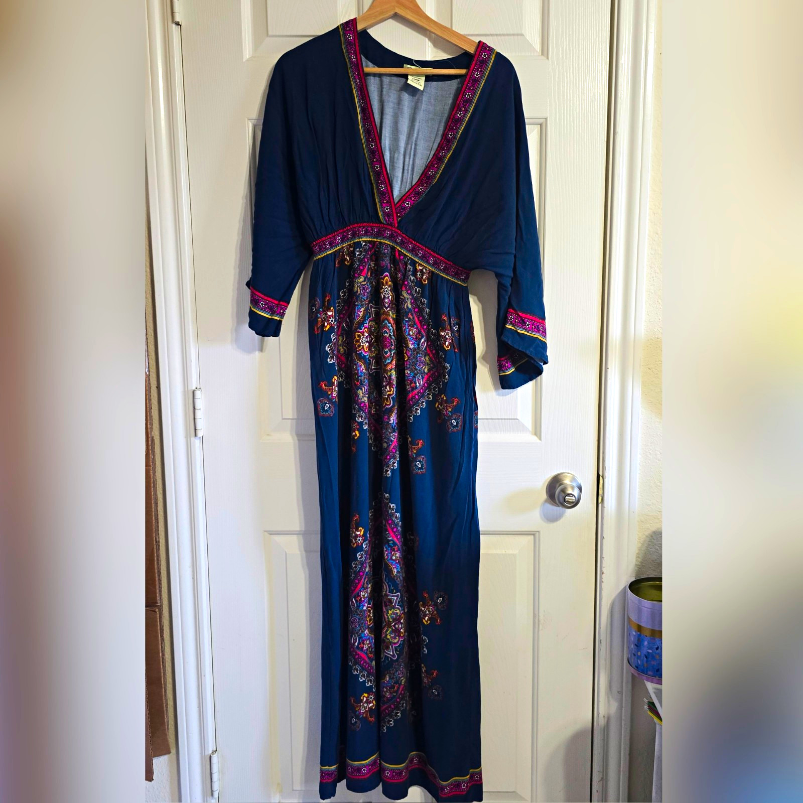 Flying Tomato Blue Multicolor Paisley Maxi Dress V-Neck Kimono 3/4 Rayon L