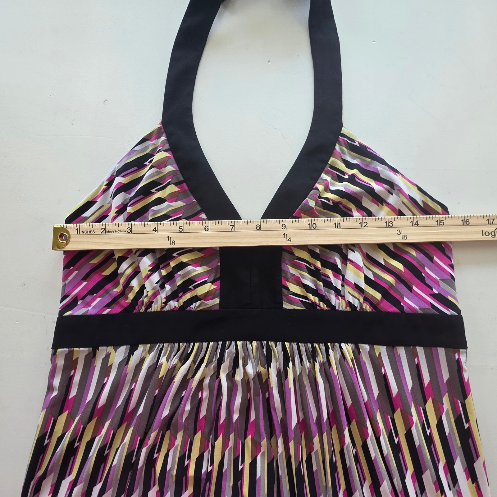 Max and Cleo Halter Dress Mini Geometric Black Yellow Purple Retro Y2K Party 12